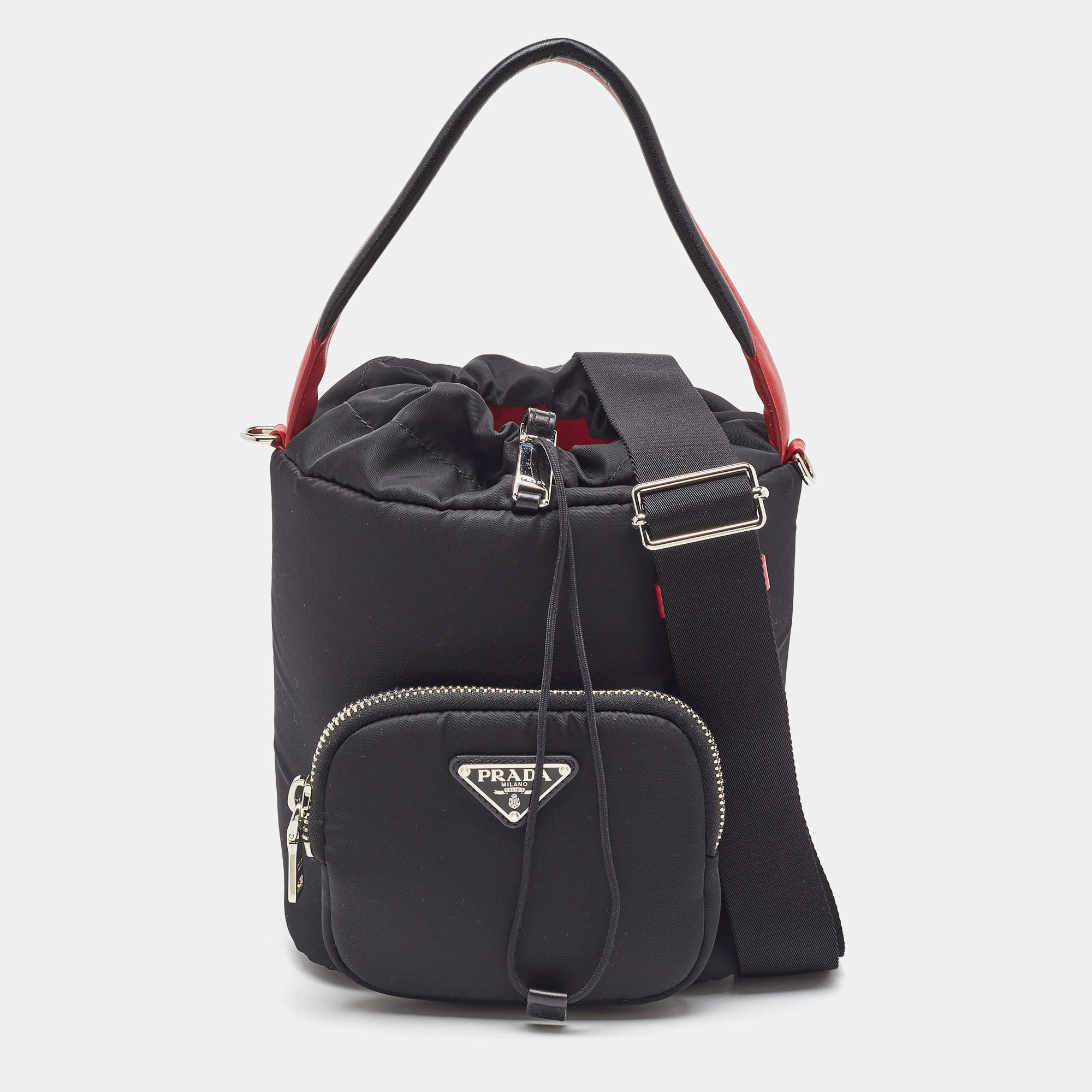 Pre Owned Prada Black/Red Nylon and Leather Puffer Cargo Pocket Shoulder Bag