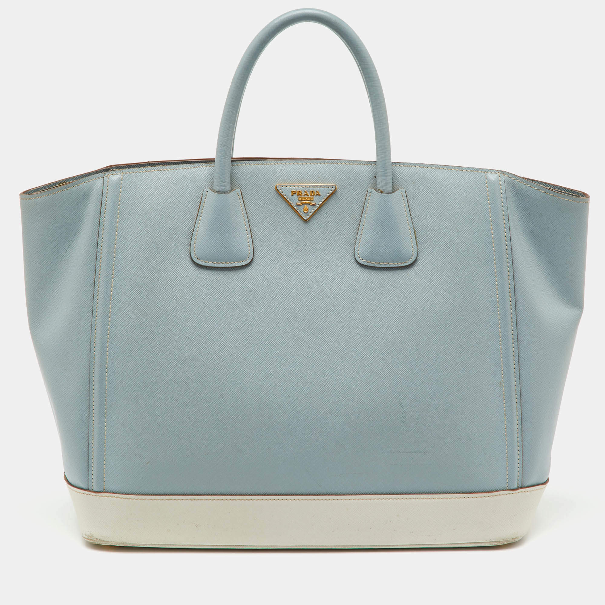 Pre Owned Prada Light Blue/White Saffiano Lux Leather Large Shopper Tote