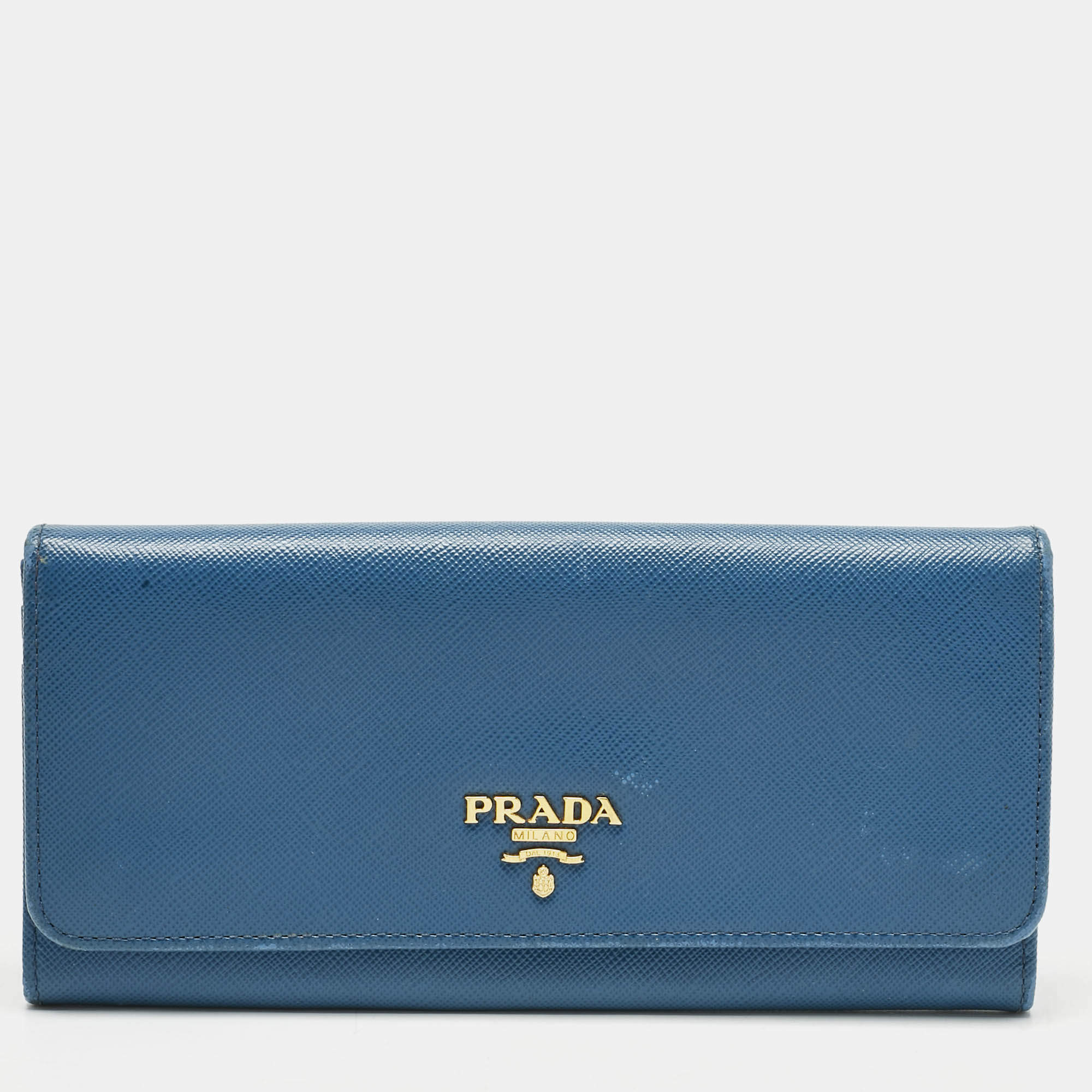 Pre Owned Prada Blue Saffiano Lux Leather Flap Continental Wallet