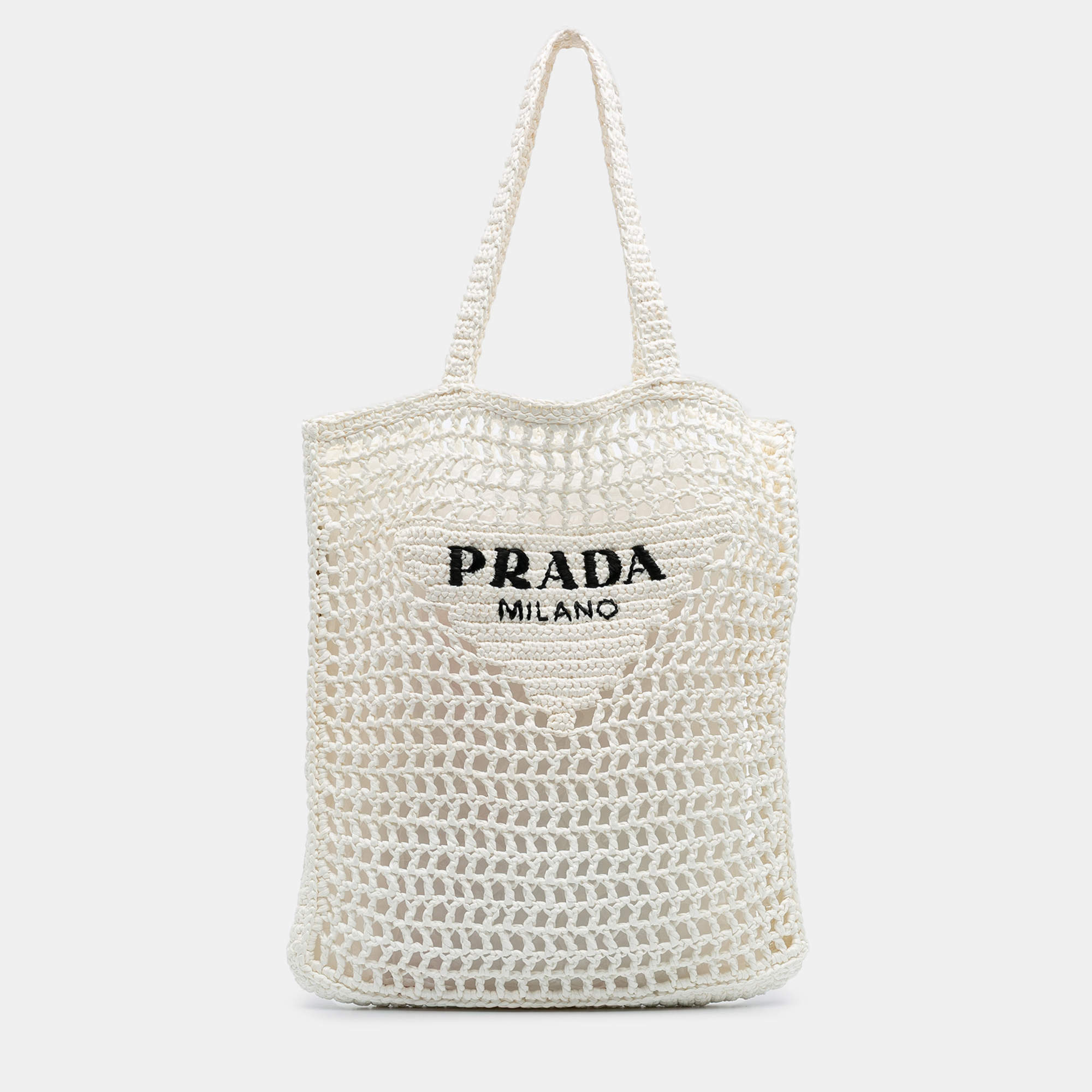 Pre Owned Prada White Raffia Effect Crochet Logo Embroidered Tote