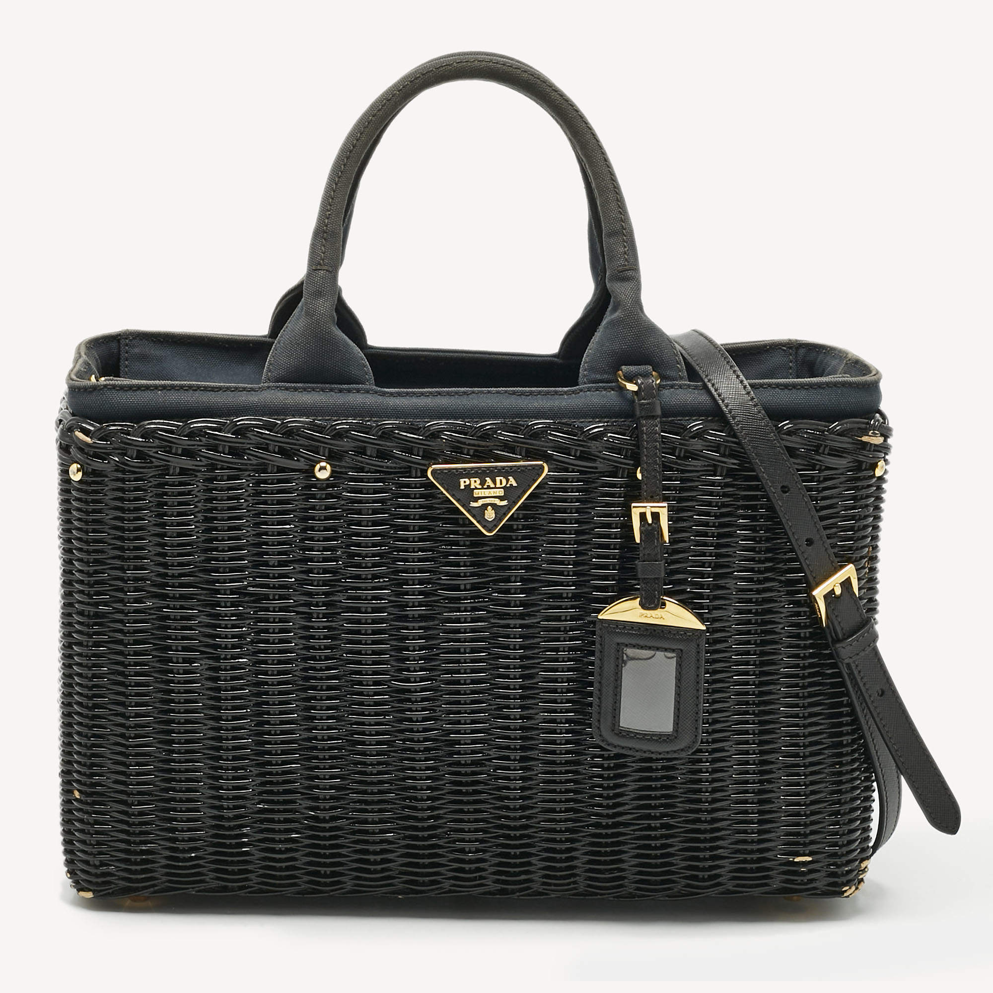 Pre Owned Prada Black Wicker and Canvas Large Midollino Tote