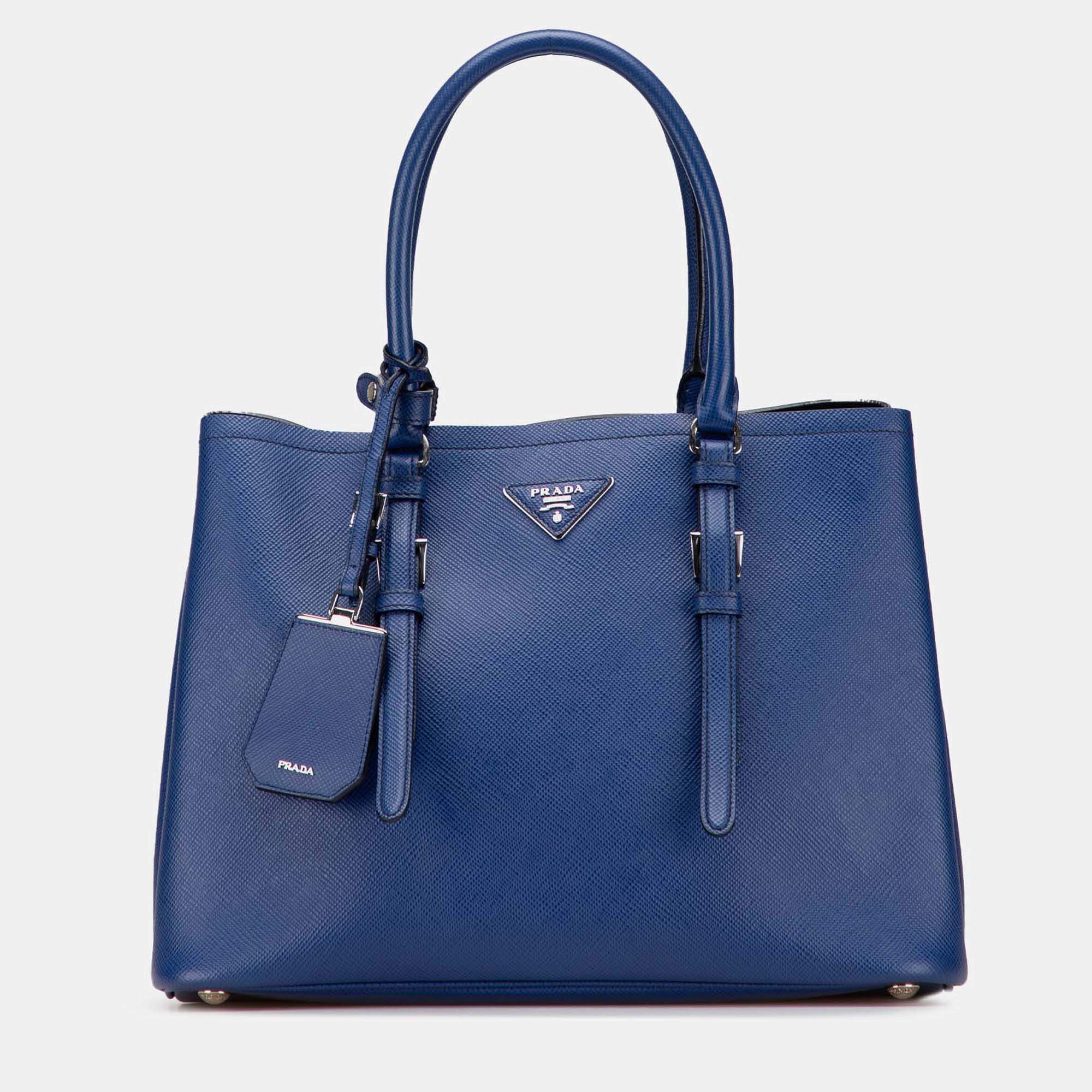 Pre Owned Prada Blue Medium Saffiano Cuir Double Satchel