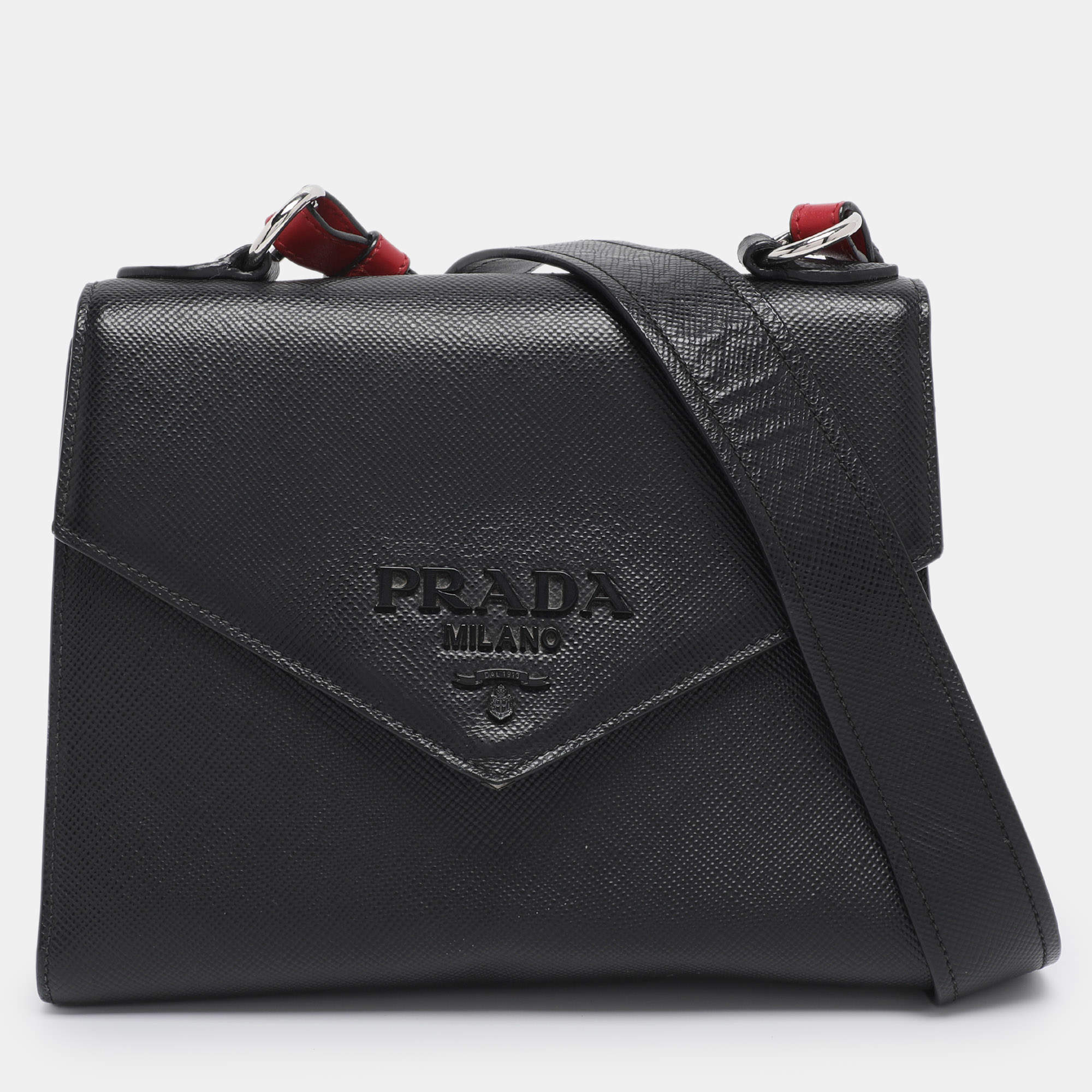 Pre Owned Prada Black Saffiano Cuir Leather Monochrome Shoulder Bag