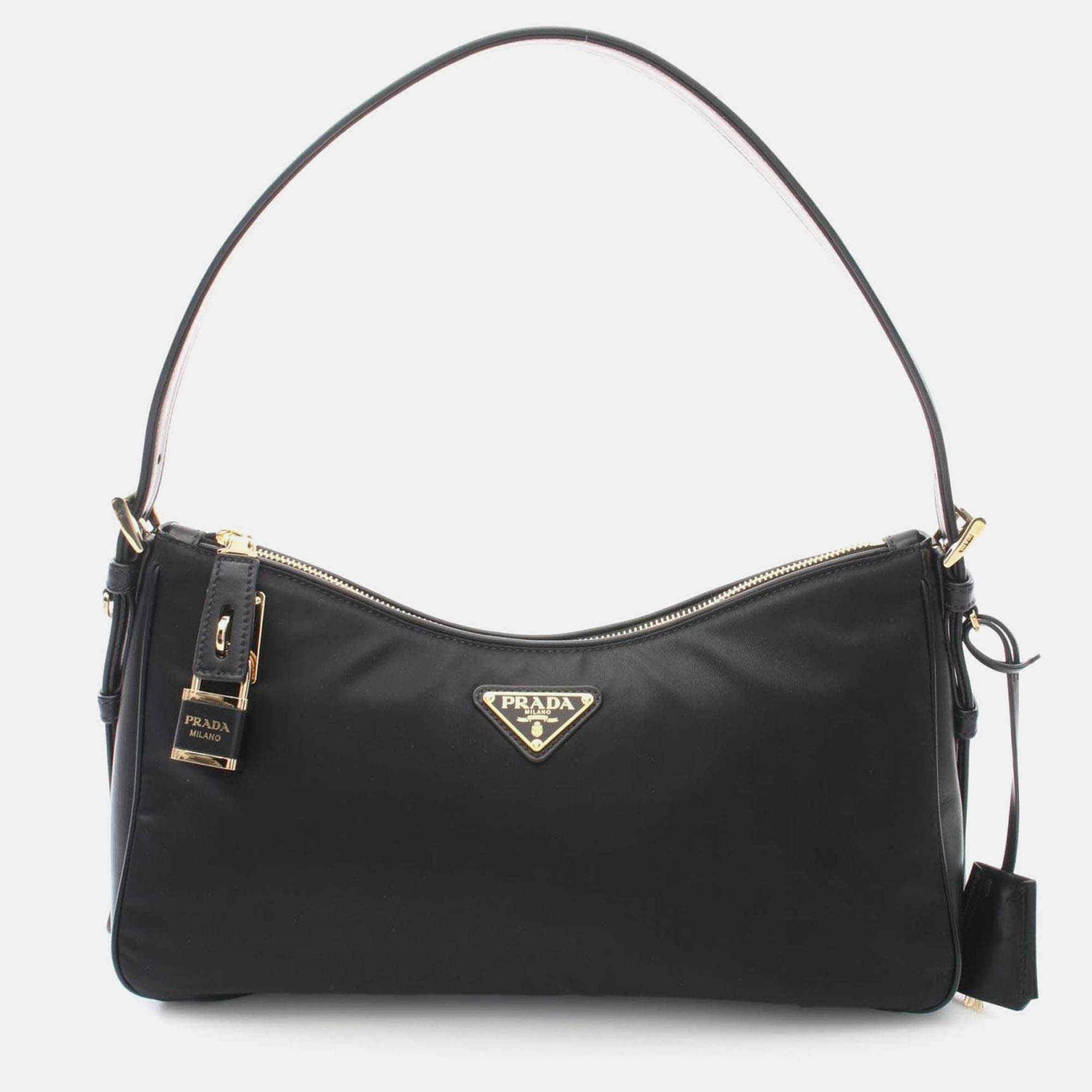 Pre Owned Prada Tessuto Vitello Black Nylon Leather Shoulder Bag