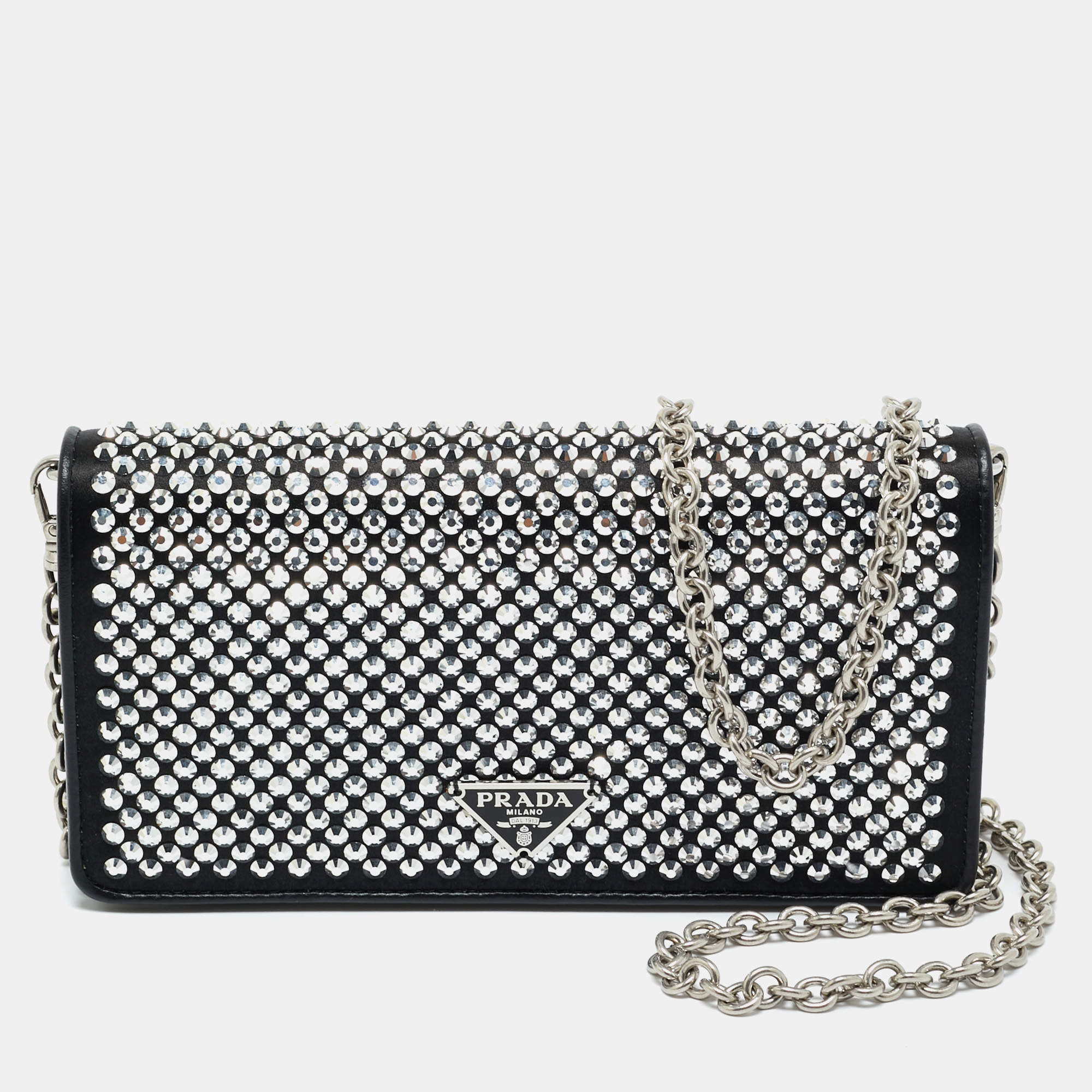 Pre Owned Prada Black Satin Crystal Embellished Wallet on Chain