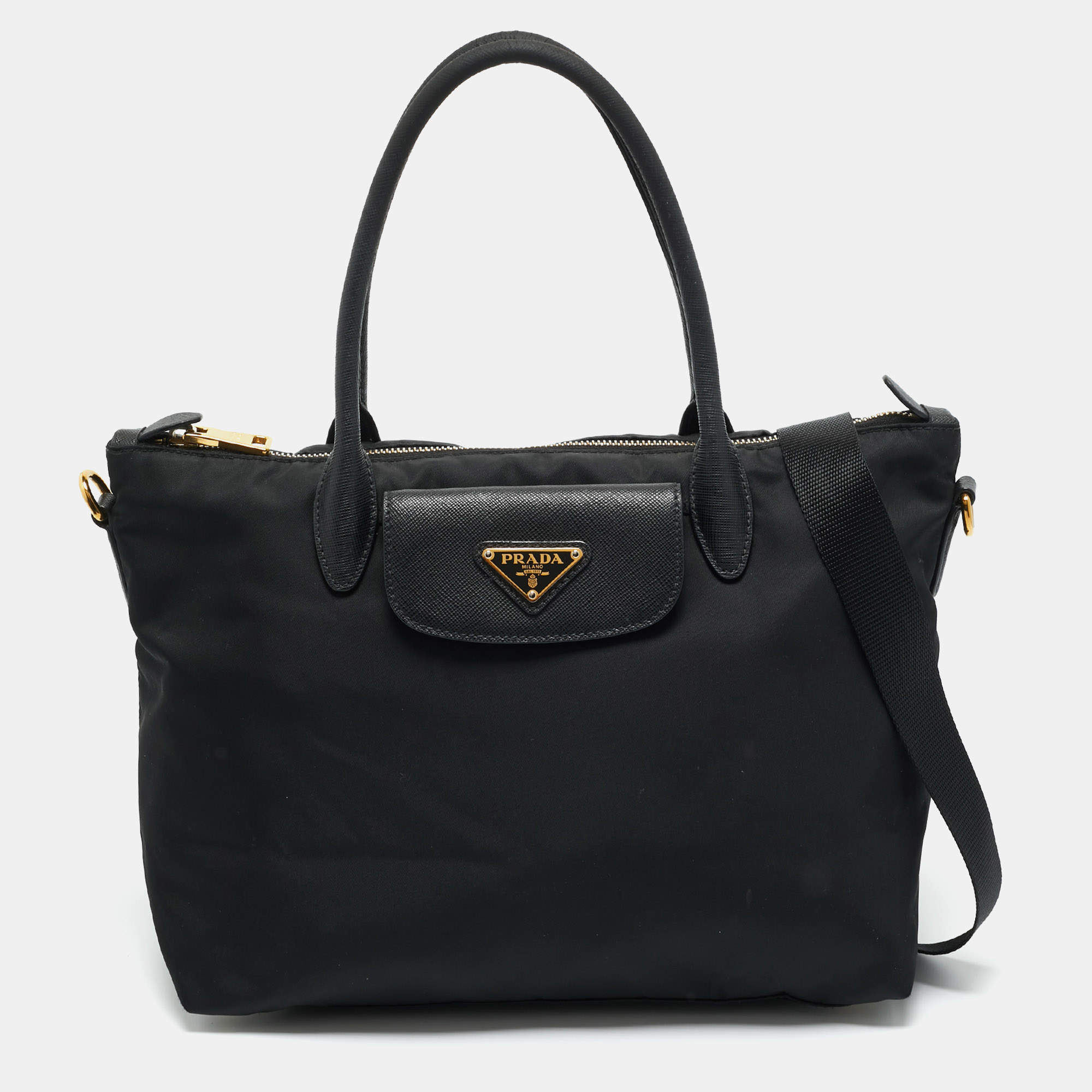 Pre Owned Prada Black Saffiano Leather and Nylon Front Pocket Tote