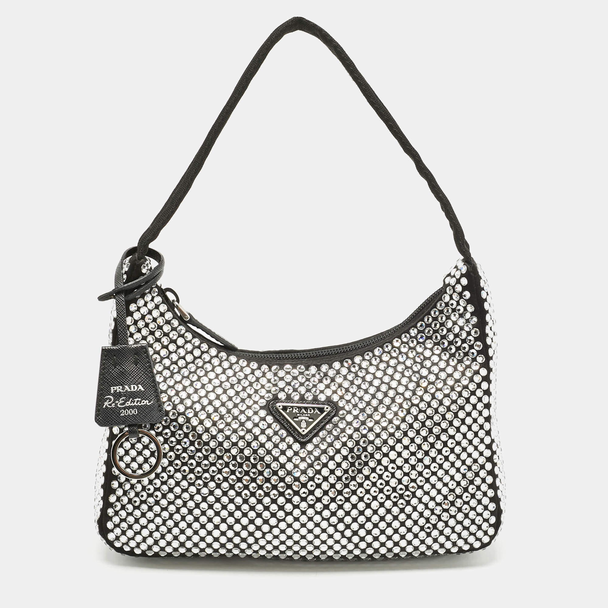 Pre Owned Prada Black Satin Crystals Re-Edition 2000 Shoulder Bag