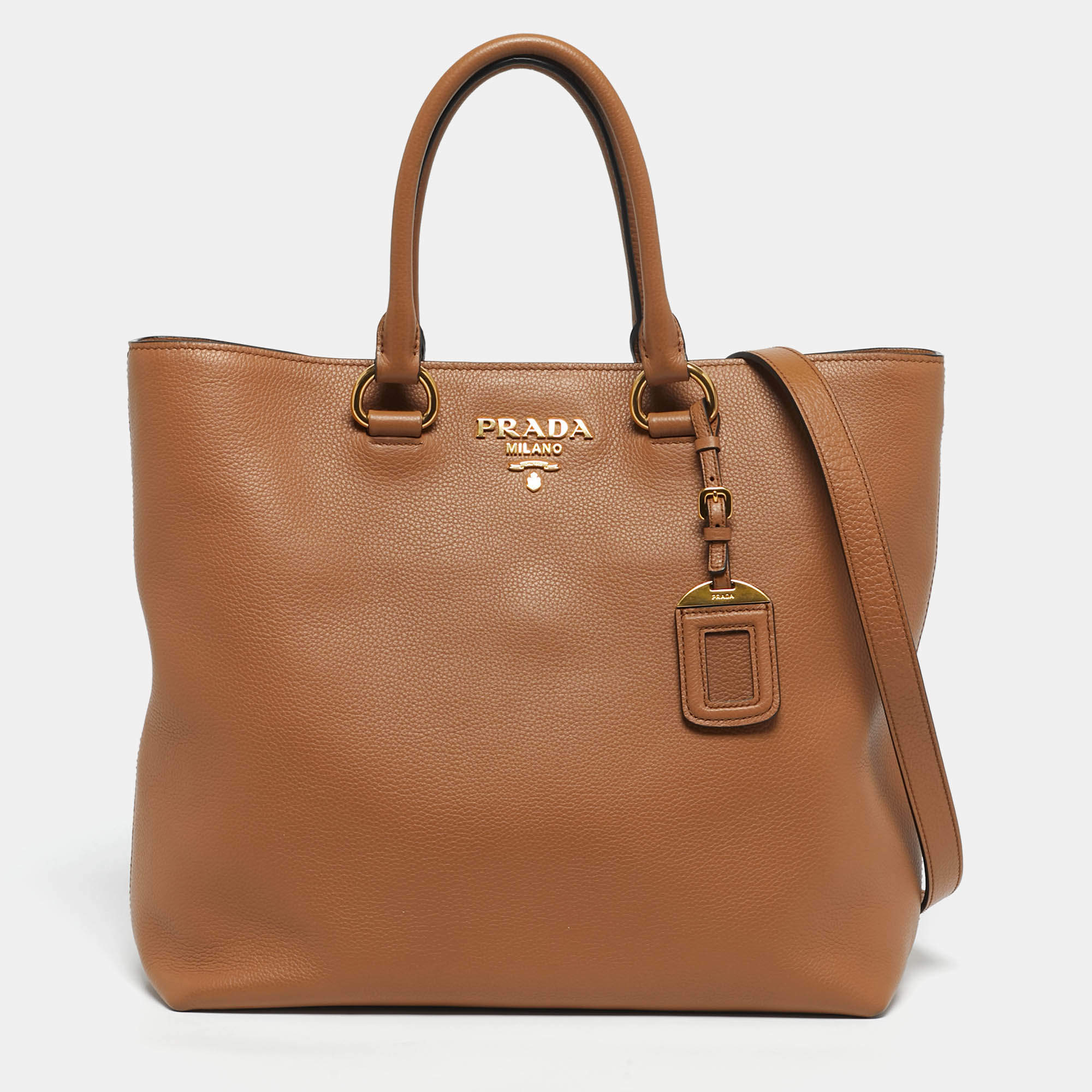 Pre Owned Prada Brown Vitello Phoenix Leather Shopper Tote