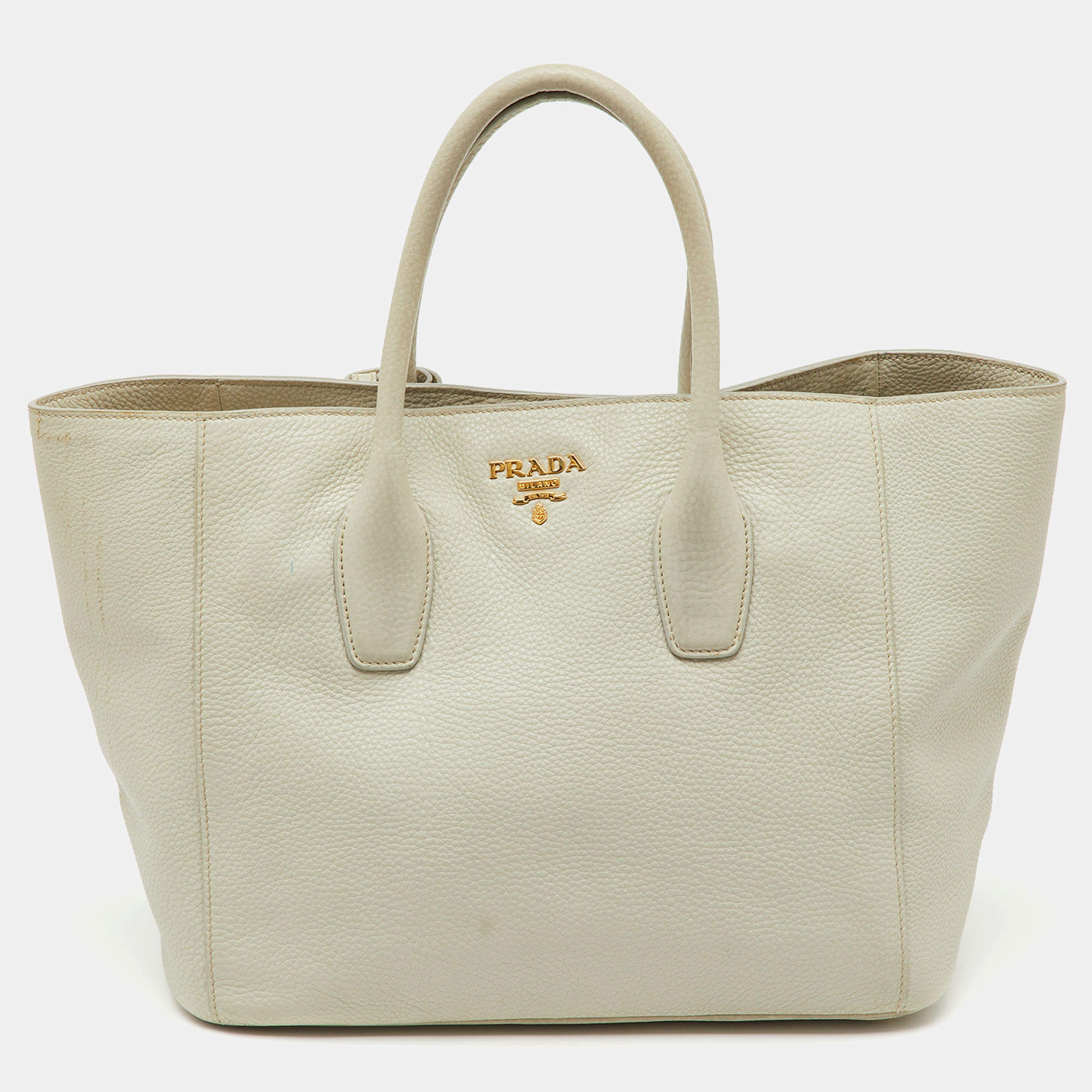 Pre Owned Prada Off White Vitello Daino Leather Tote