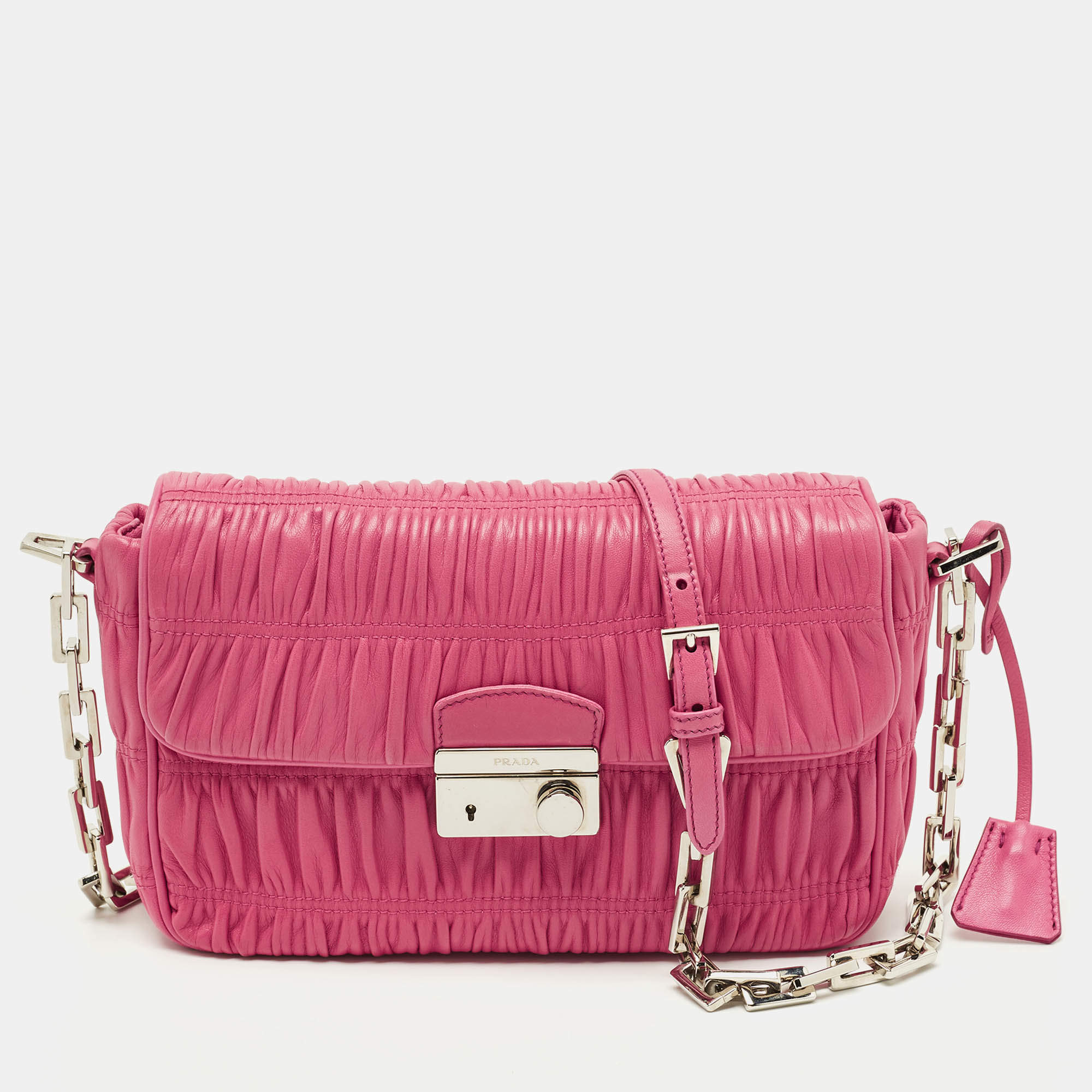 Pre Owned Prada Fuchsia Nappa Gaufre Leather Flap Shoulder Bag