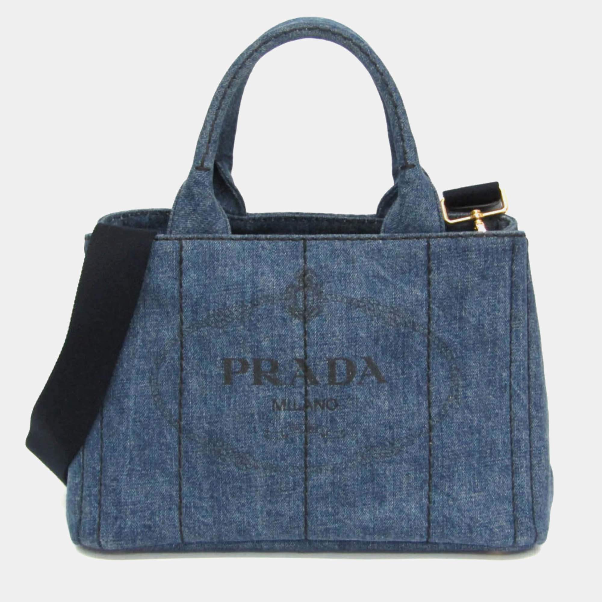Pre Owned Prada Canapa Blue Denim Tote Bag