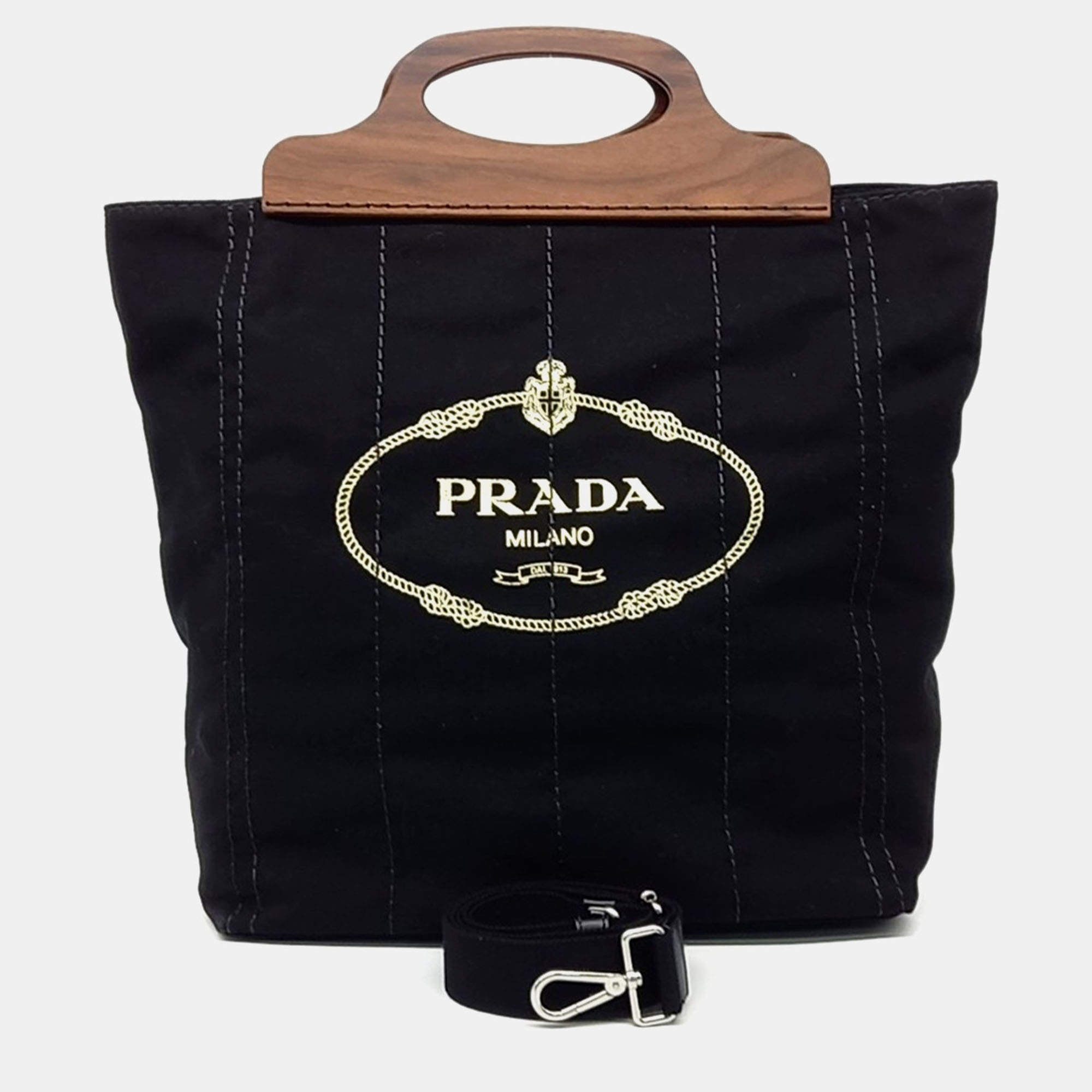 Pre Owned Prada Black Brown Canvas Canappa Legno Shopper Bag