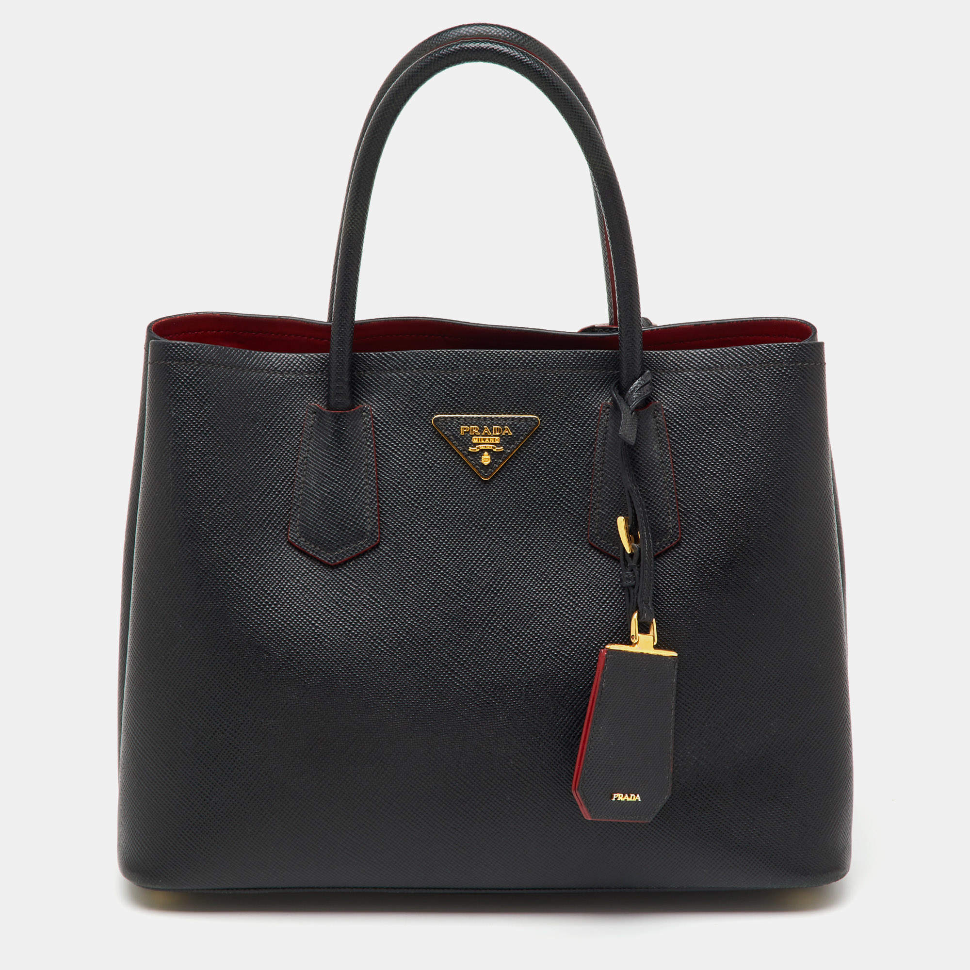 Pre Owned Prada Black Leather Medium Double Handle Tote