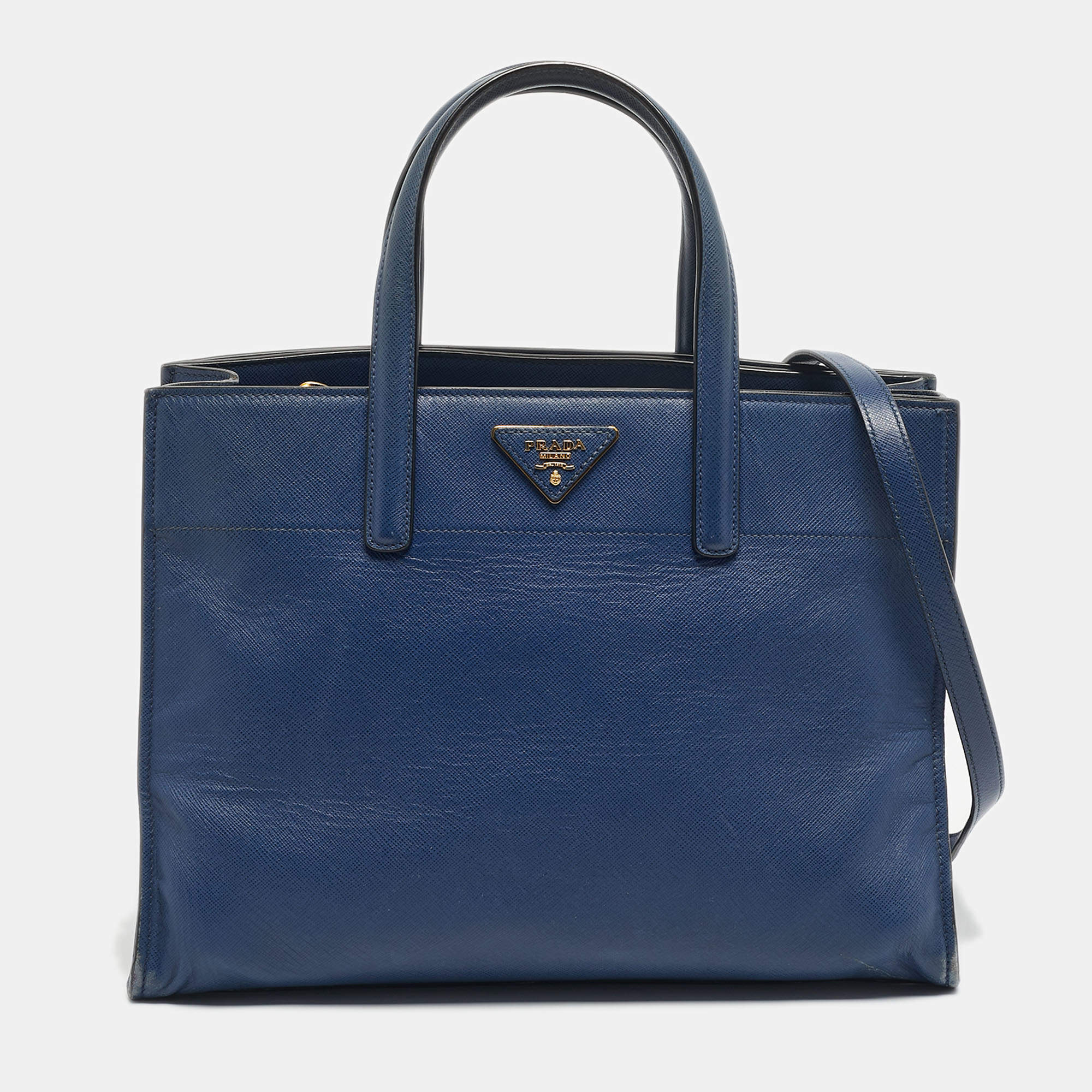 Pre Owned Prada Navy Blue Saffiano Cuir Leather Triple Pocket Tote