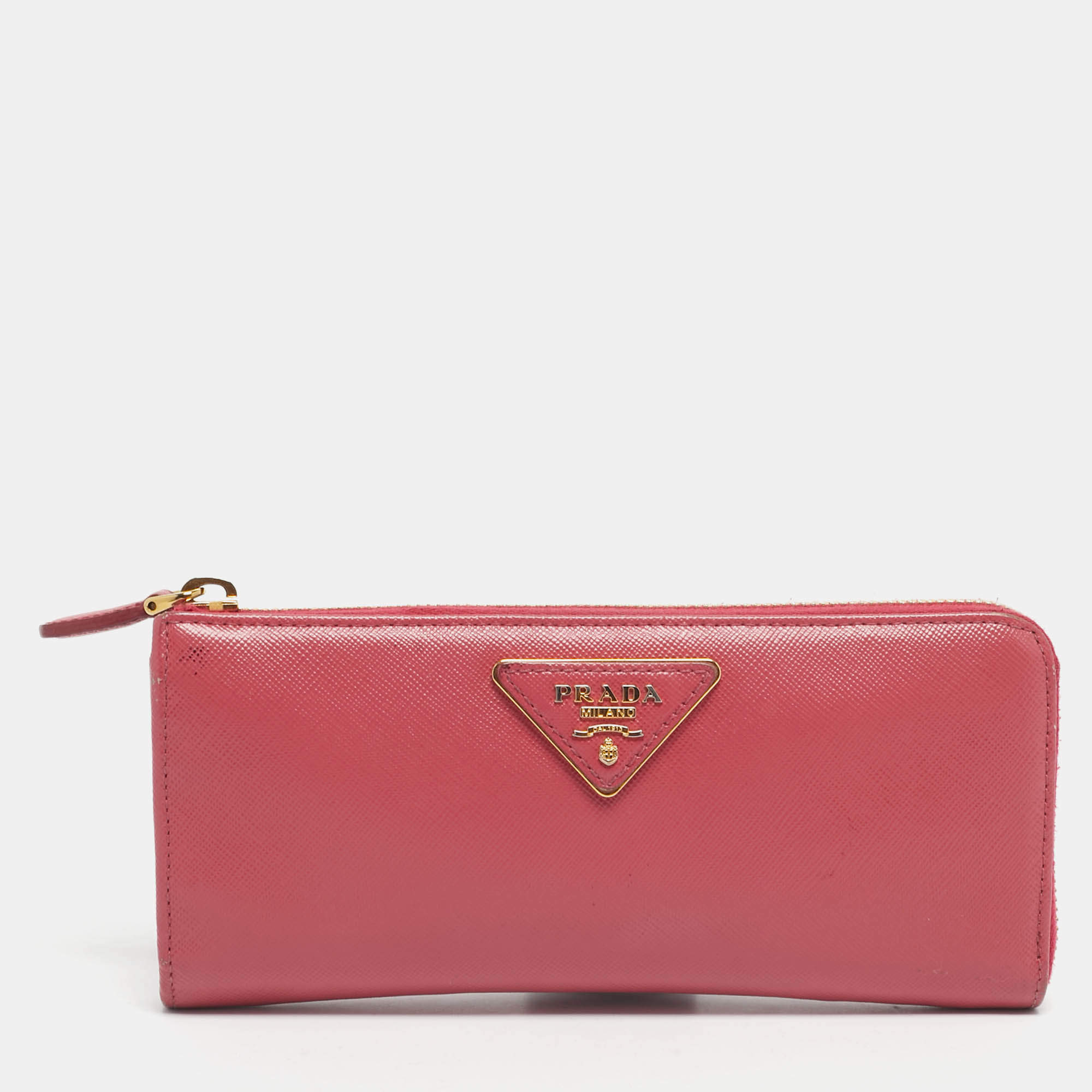 Pre Owned Prada Pink Saffiano Metal Leather Zip Continental Wallet