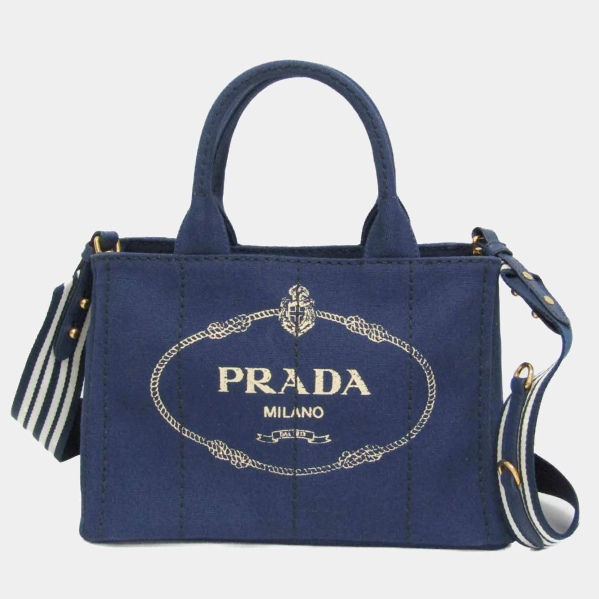 Pre Owned Prada Canapa S Blue Canvas Tote Bag