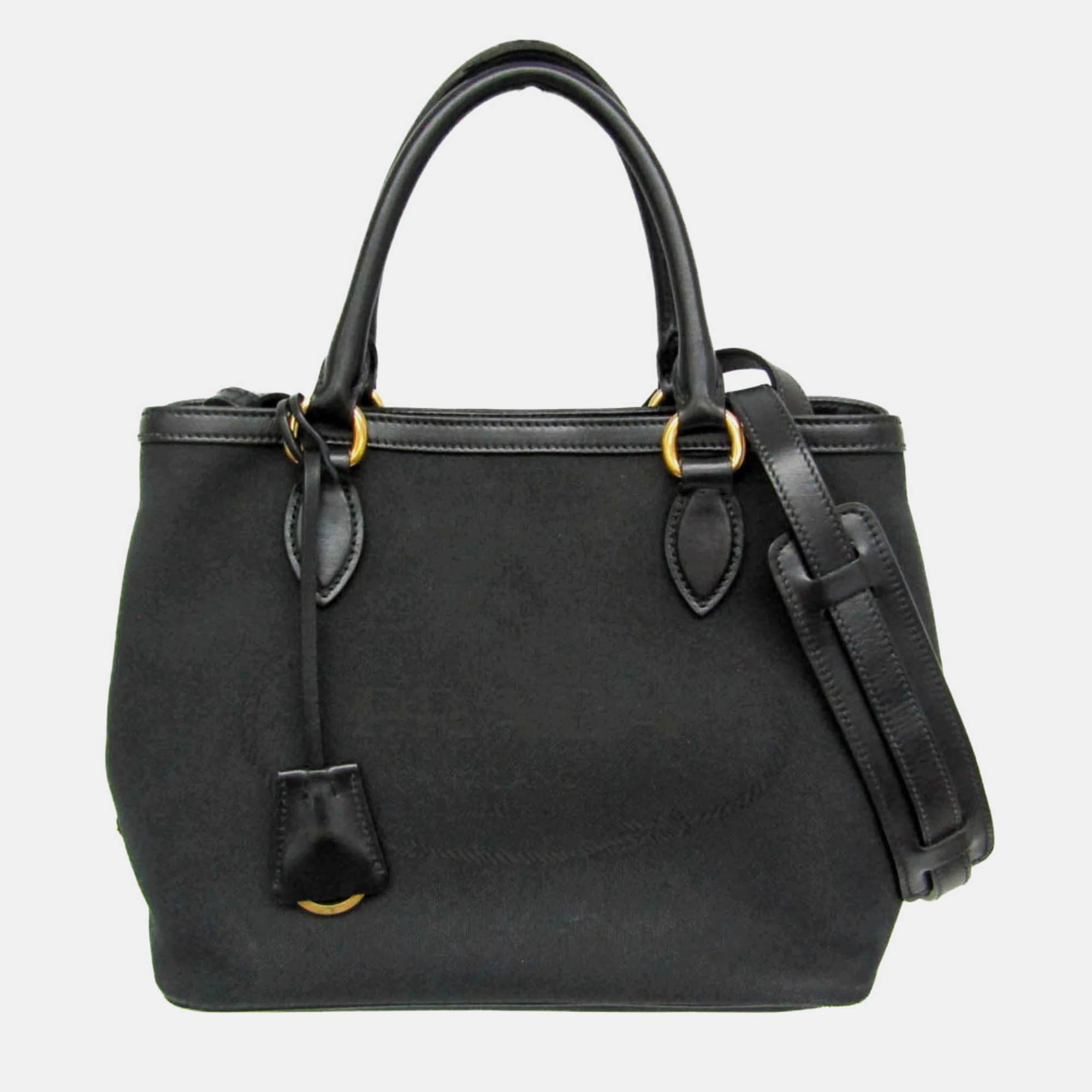 Pre Owned Prada Logo Black Jacquard/Leather Shoulder Bag