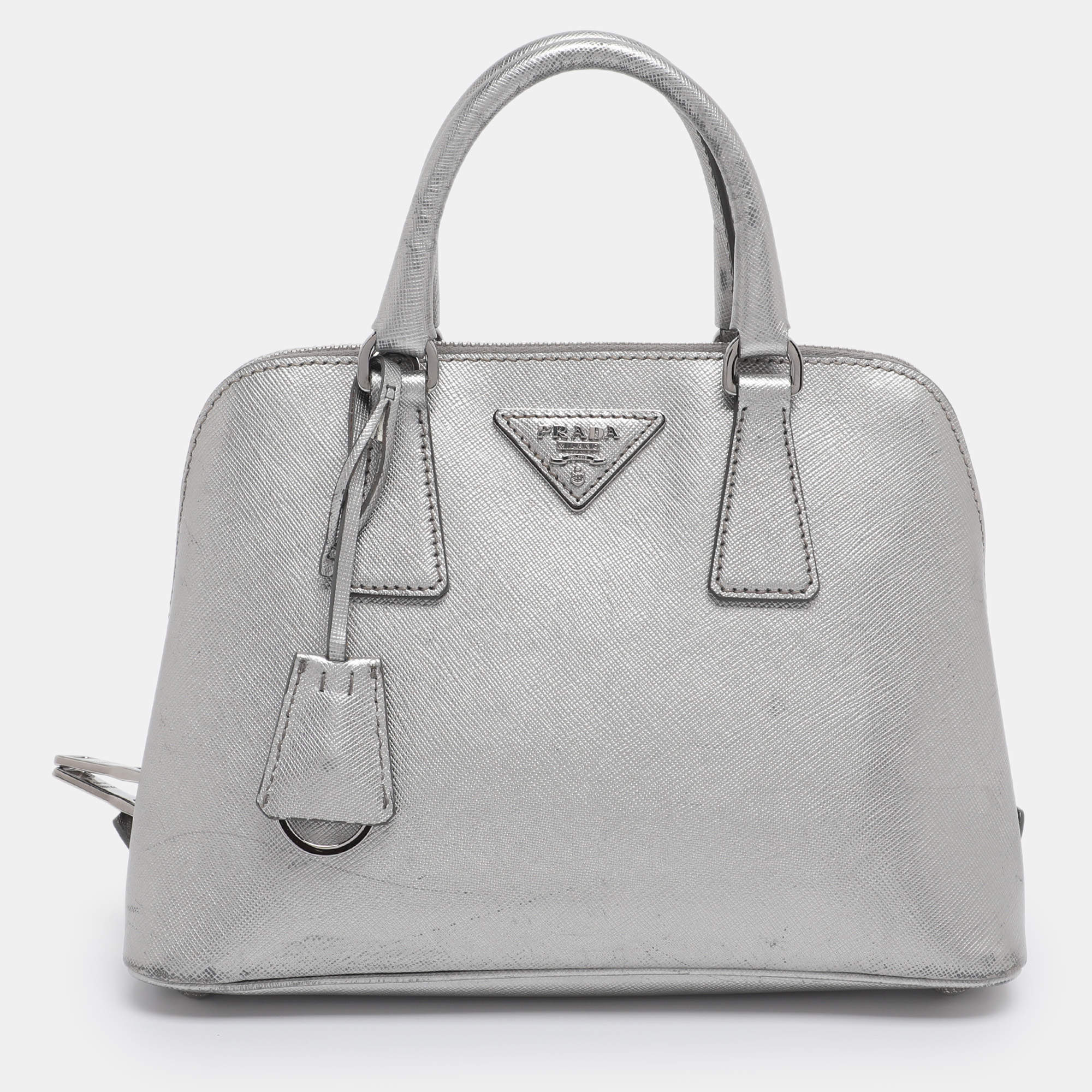 Pre Owned Prada Silver Saffiano Lux Leather Small Promenade Satchel