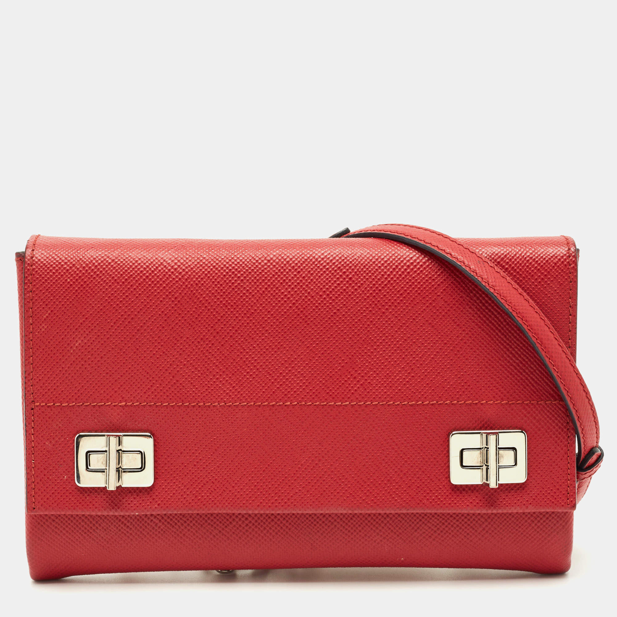 Pre Owned Prada Red Saffiano Lux Leather Double Turnlock Flap Crossbody Bag