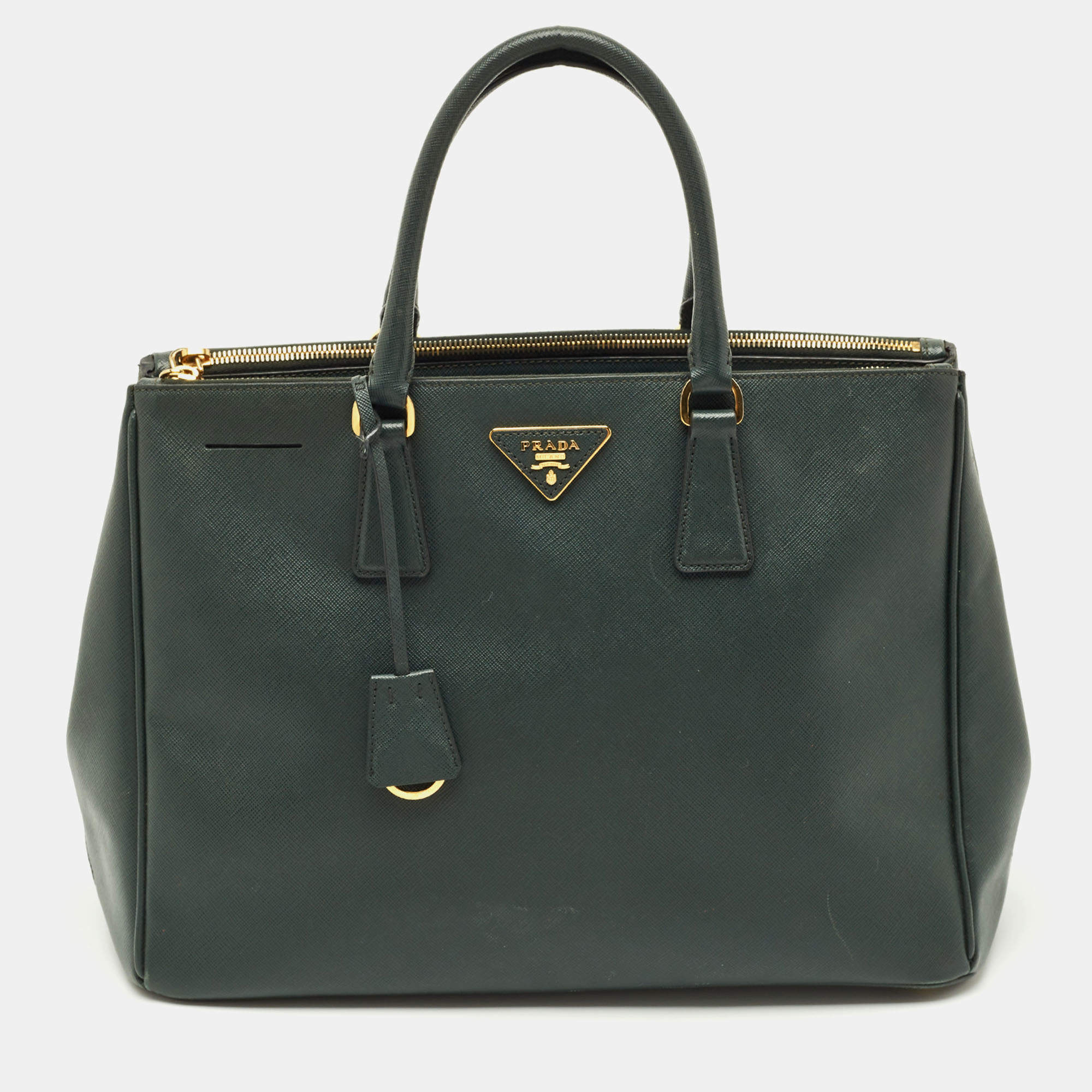 Pre Owned Prada Dark Green Saffiano Lux Leather Large Galleria Double Zip Tote