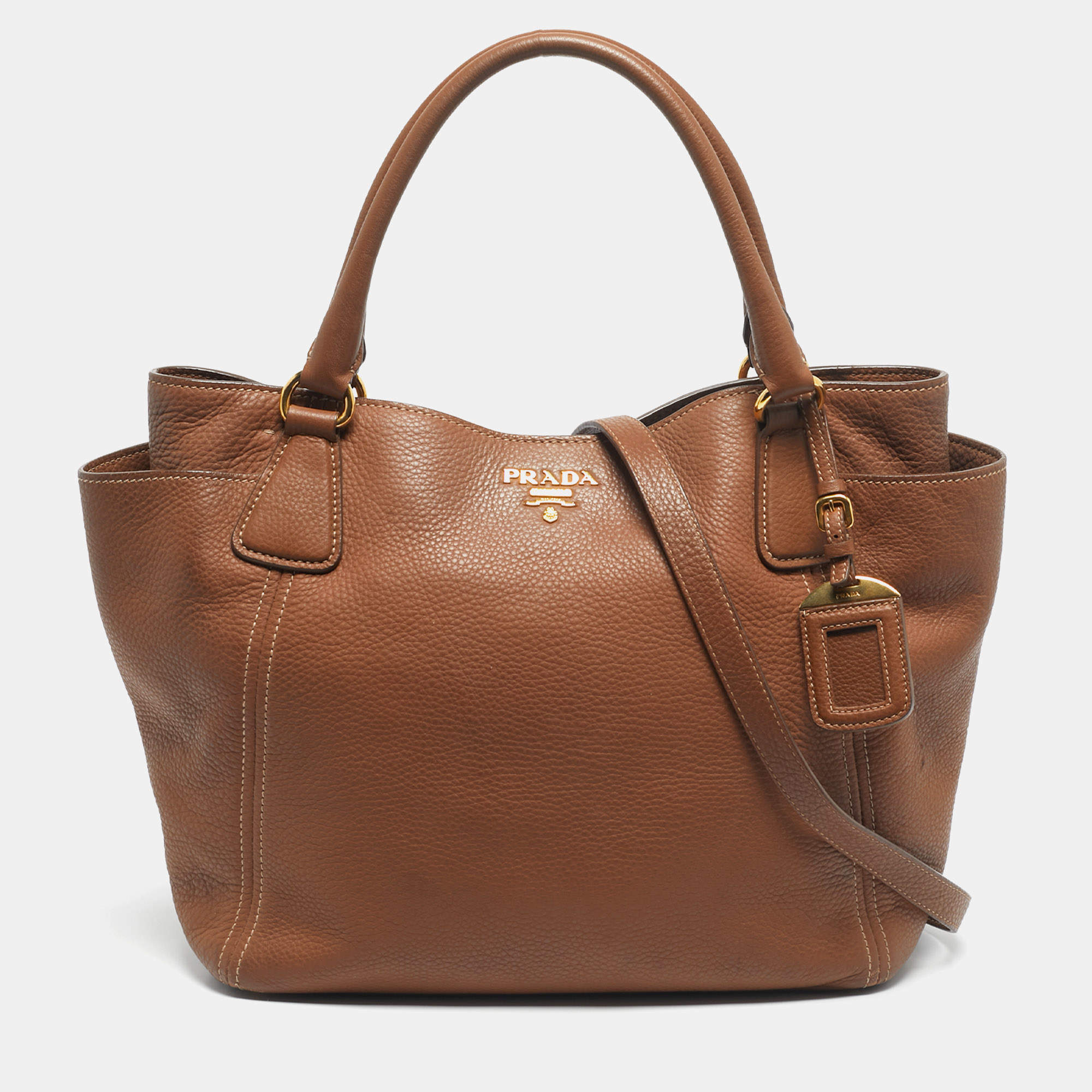 Pre Owned Prada Brown Vitello Daino Leather Side Pocket Tote