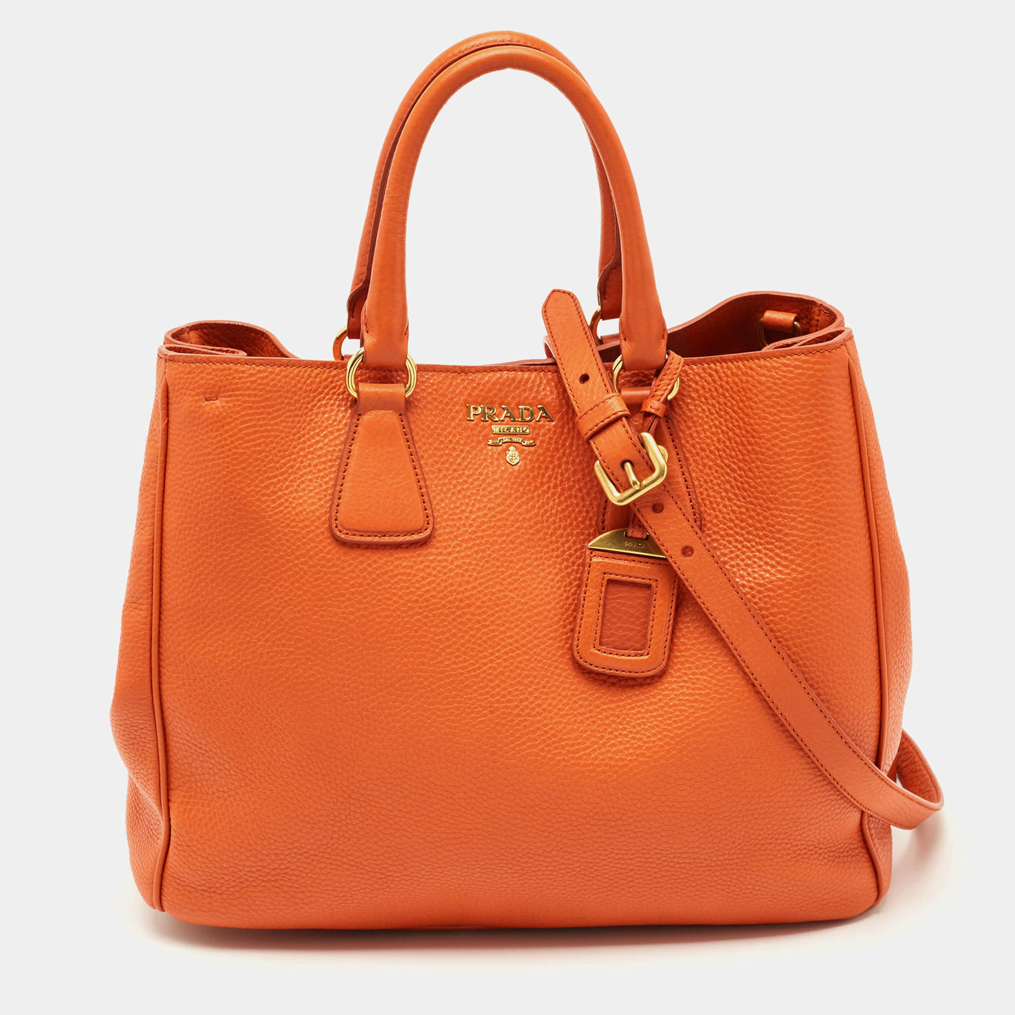 Pre Owned Prada Orange Vitello Daino Leather Large Shopping Tote