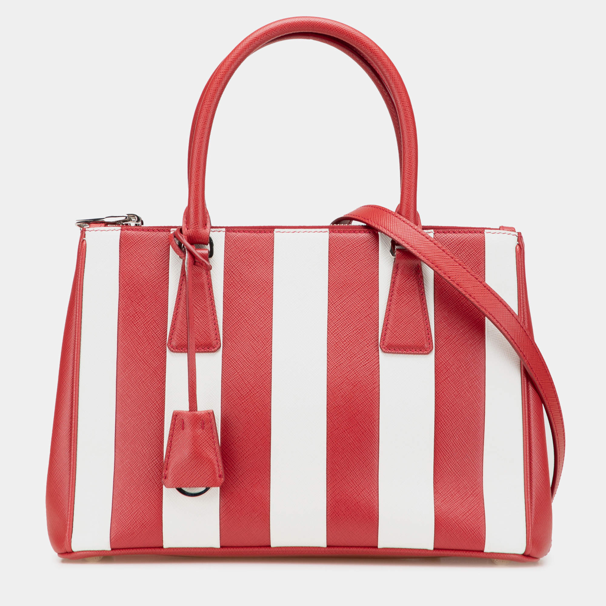 Pre Owned Prada Red Small Bicolor Saffiano Galleria Double Zip Satchel