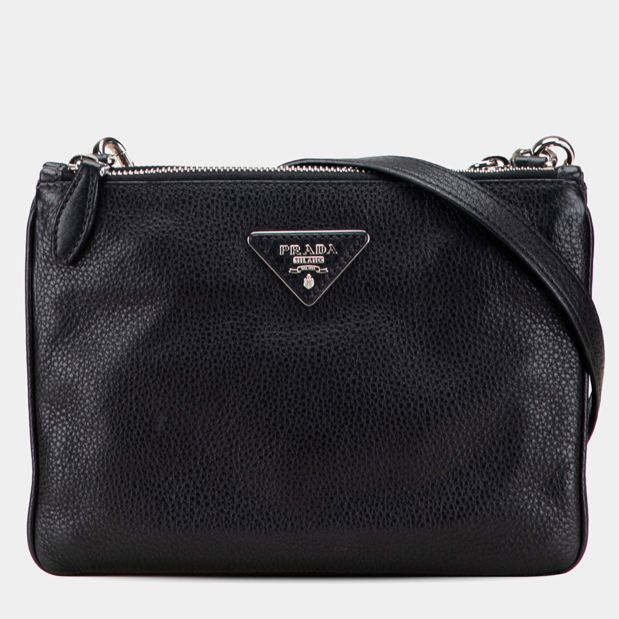 Pre Owned Prada Black Vitello Phenix Double Zip Crossbody