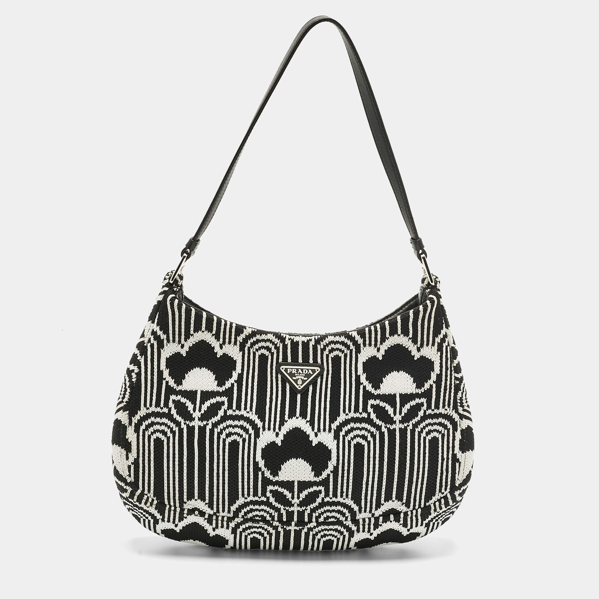 Pre Owned Prada Black/White Maglia Jacquard Fabric Cleo Shoulder Bag