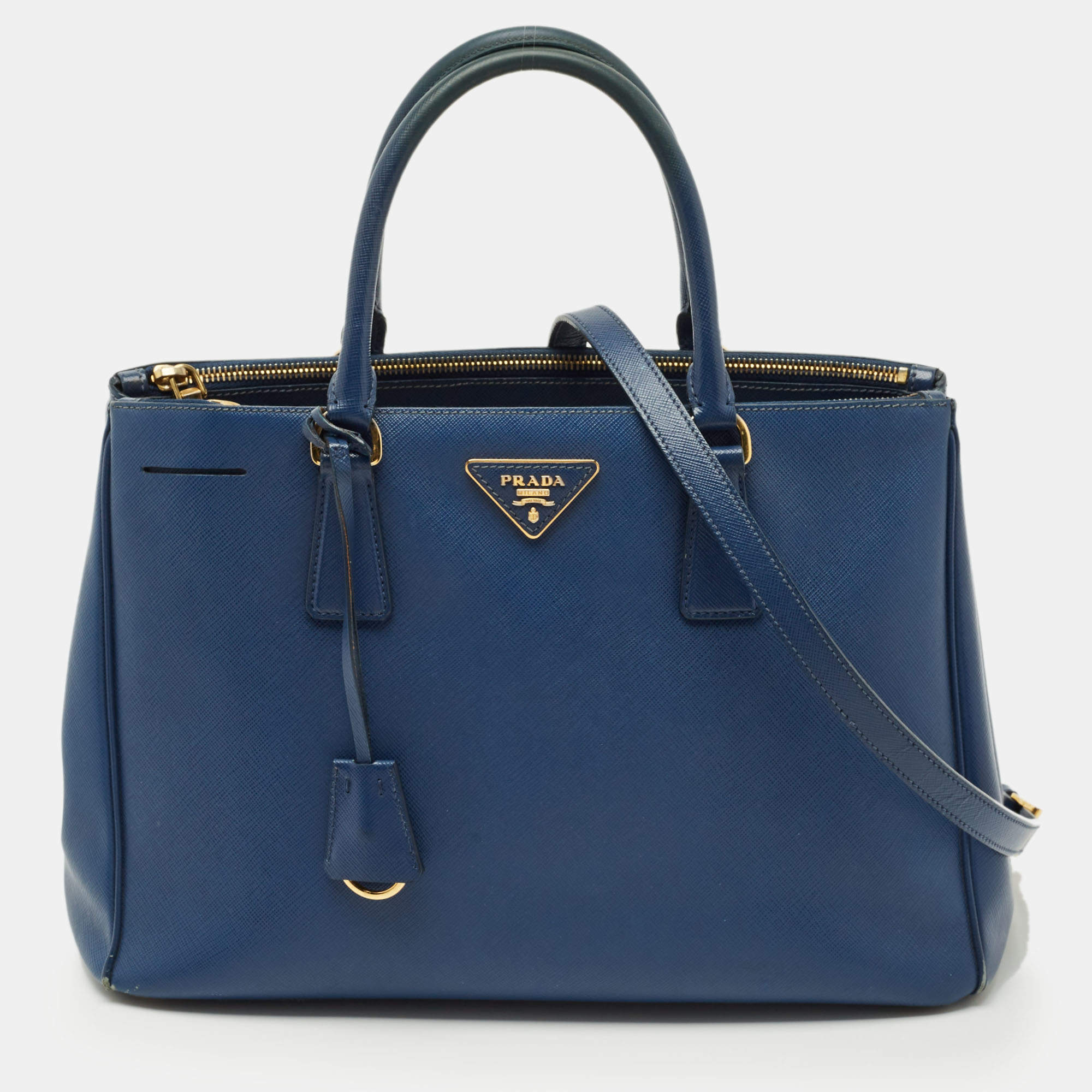 Pre Owned Prada Blue Saffino Leather Medium Double Zip Tote