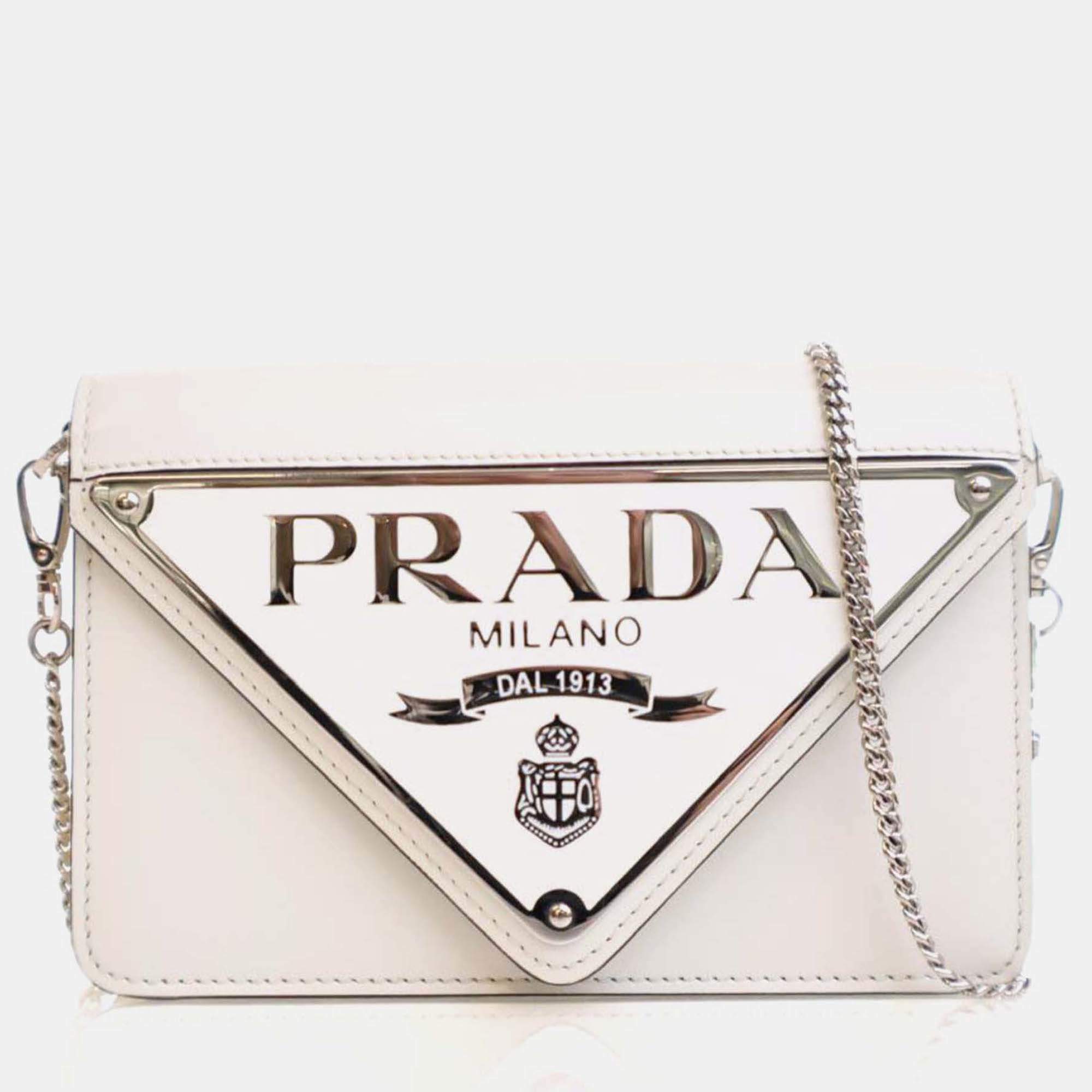 Pre Owned Prada Triangle Mini White Calfskin Shoulder Bag