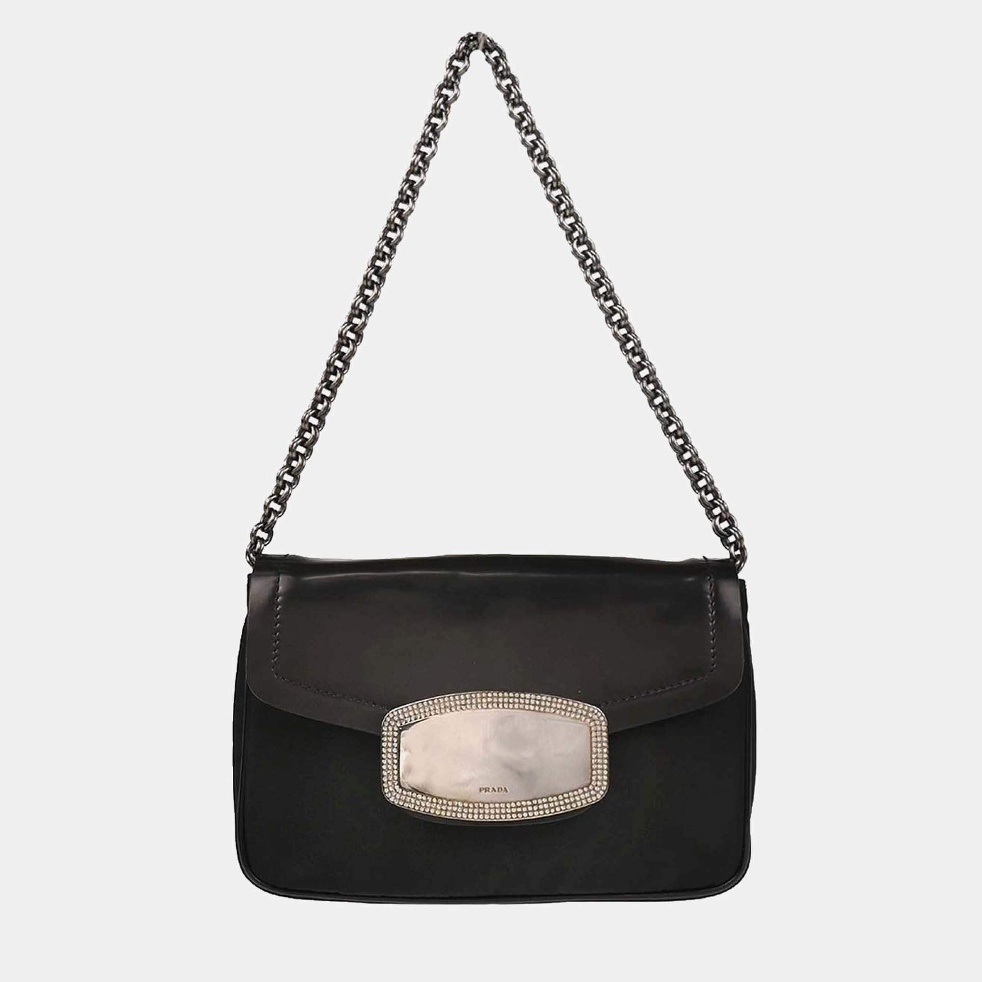 Pre Owned Prada Black Nylon Leather Rhinestone Handbag
