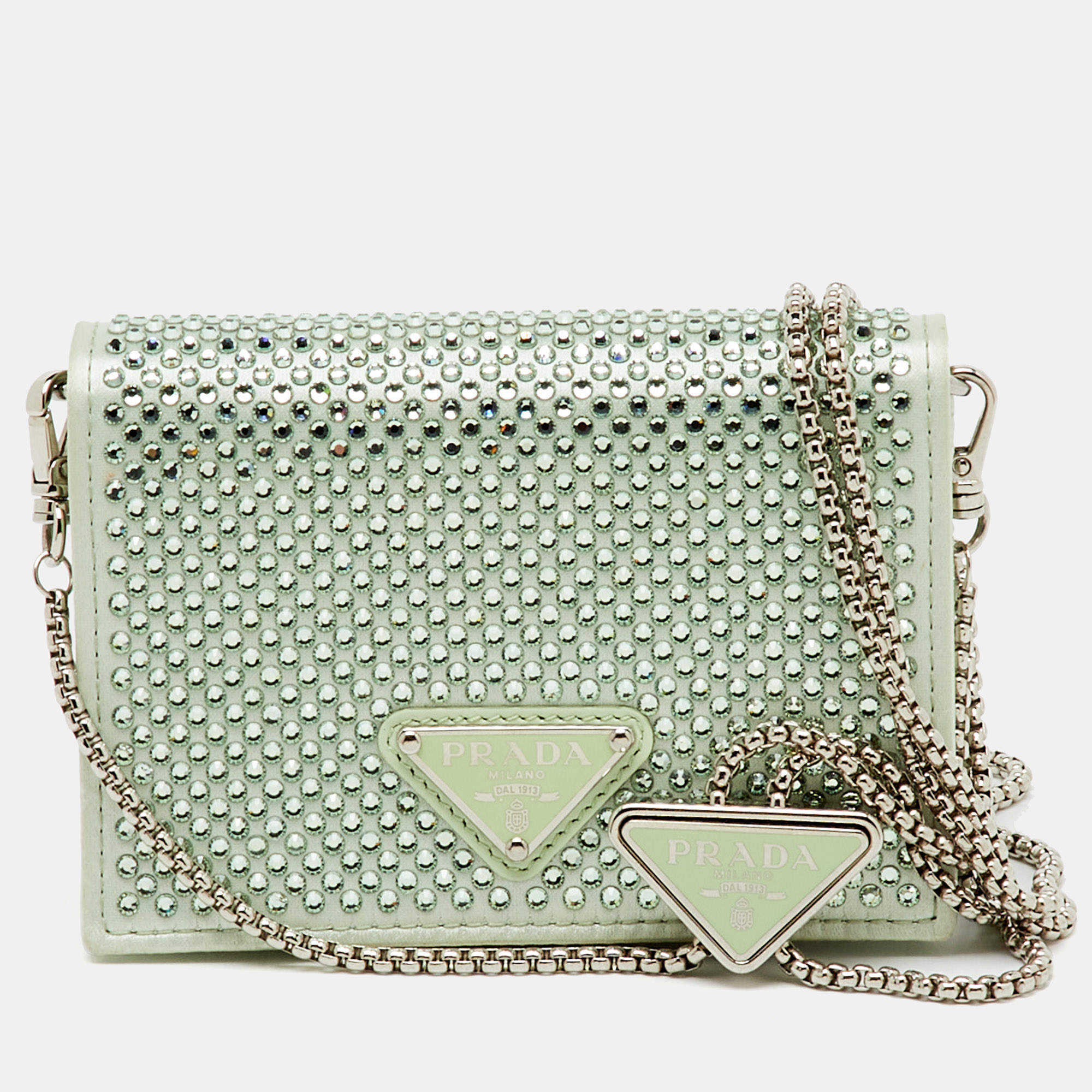Pre Owned Prada Light Green Satin Crystal Metal Triangle Logo Chain Card Holder