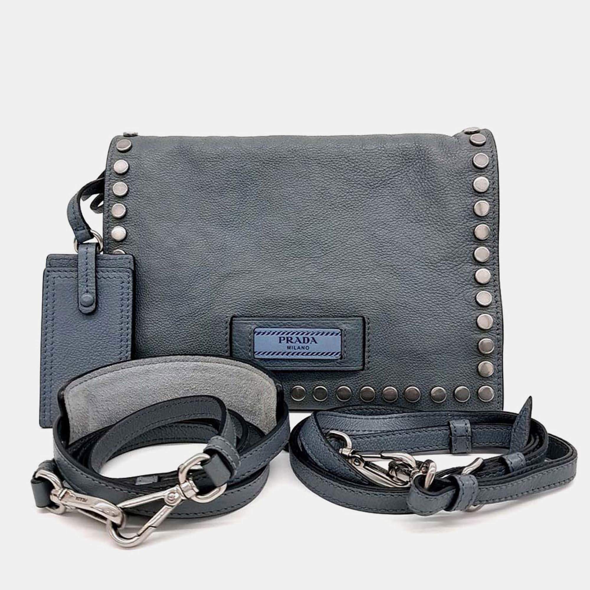 Pre Owned Prada Etiquette Glace Blue Calf Flap Bag