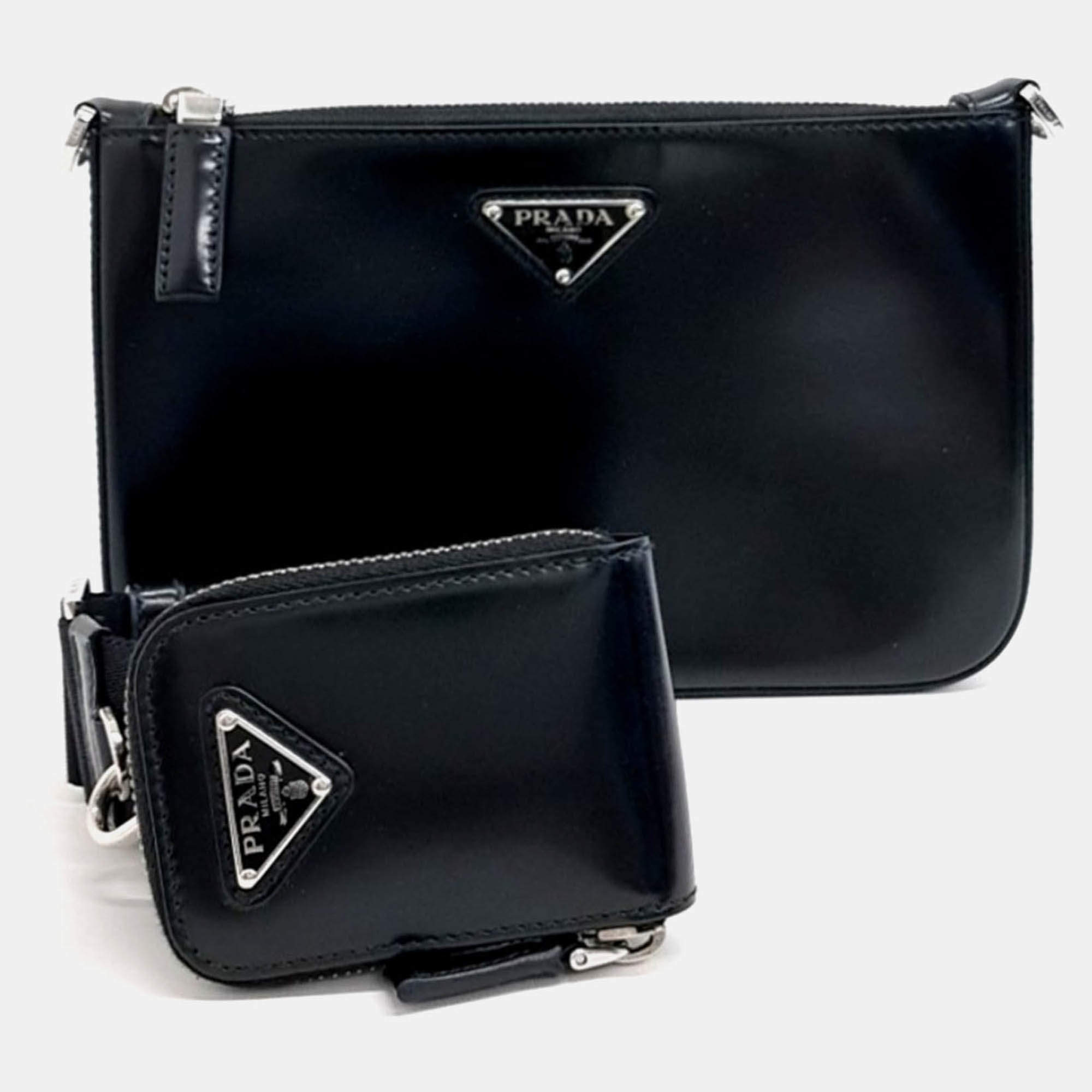 Pre Owned Prada Black Leather Brushed Crossbody Bag