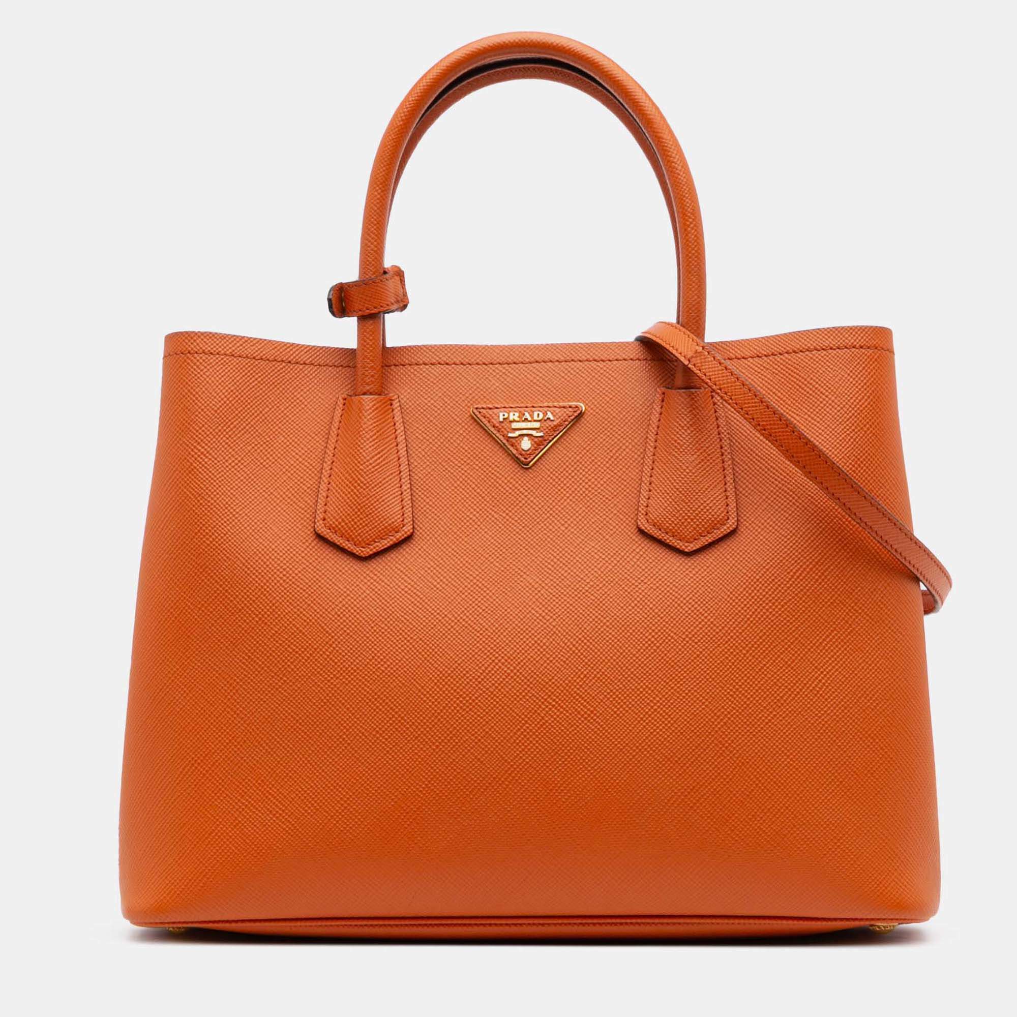 Pre Owned Prada Orange Medium Saffiano Cuir Double Satchel