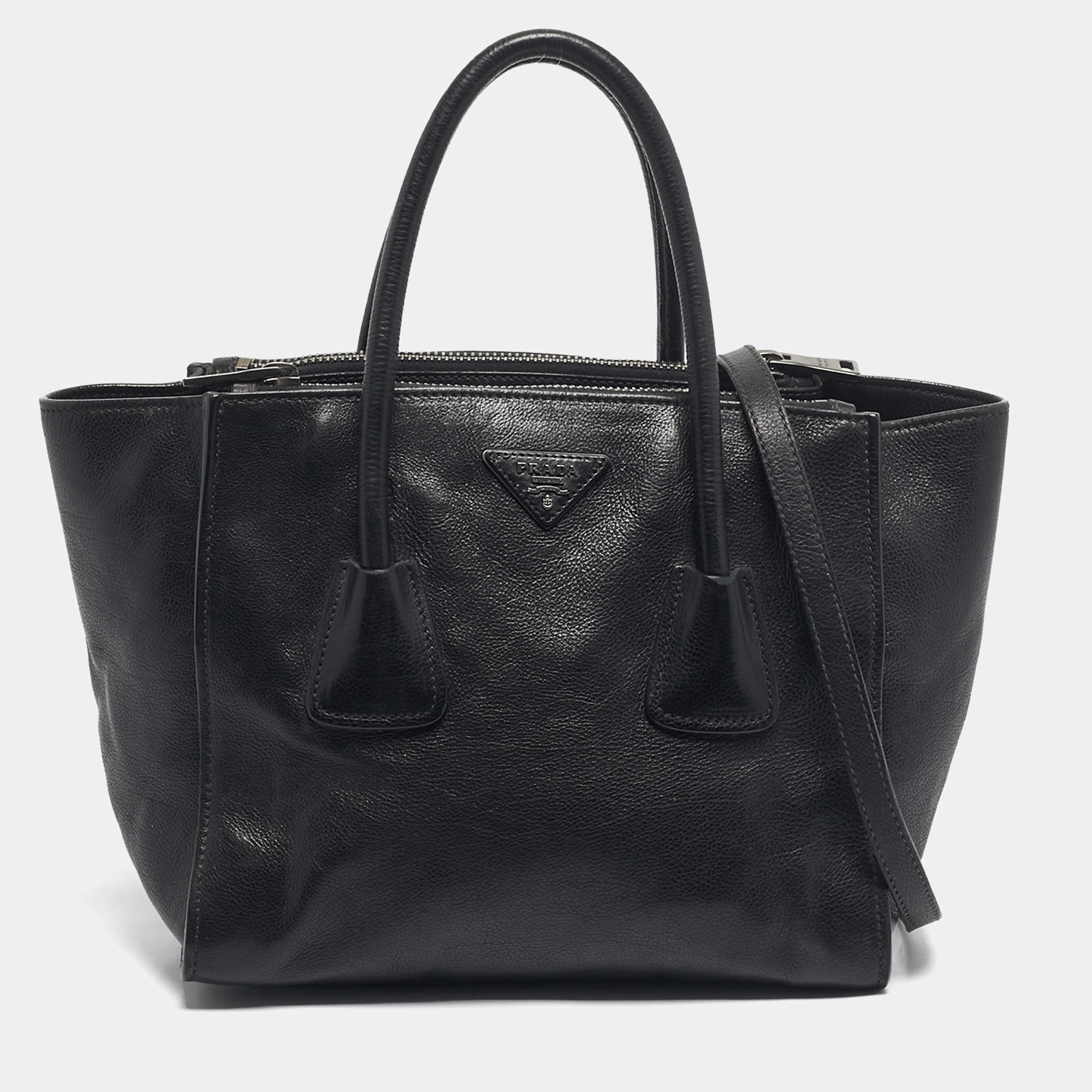 Pre Owned Prada Black Leather Twin Pocket Double Handle Tote