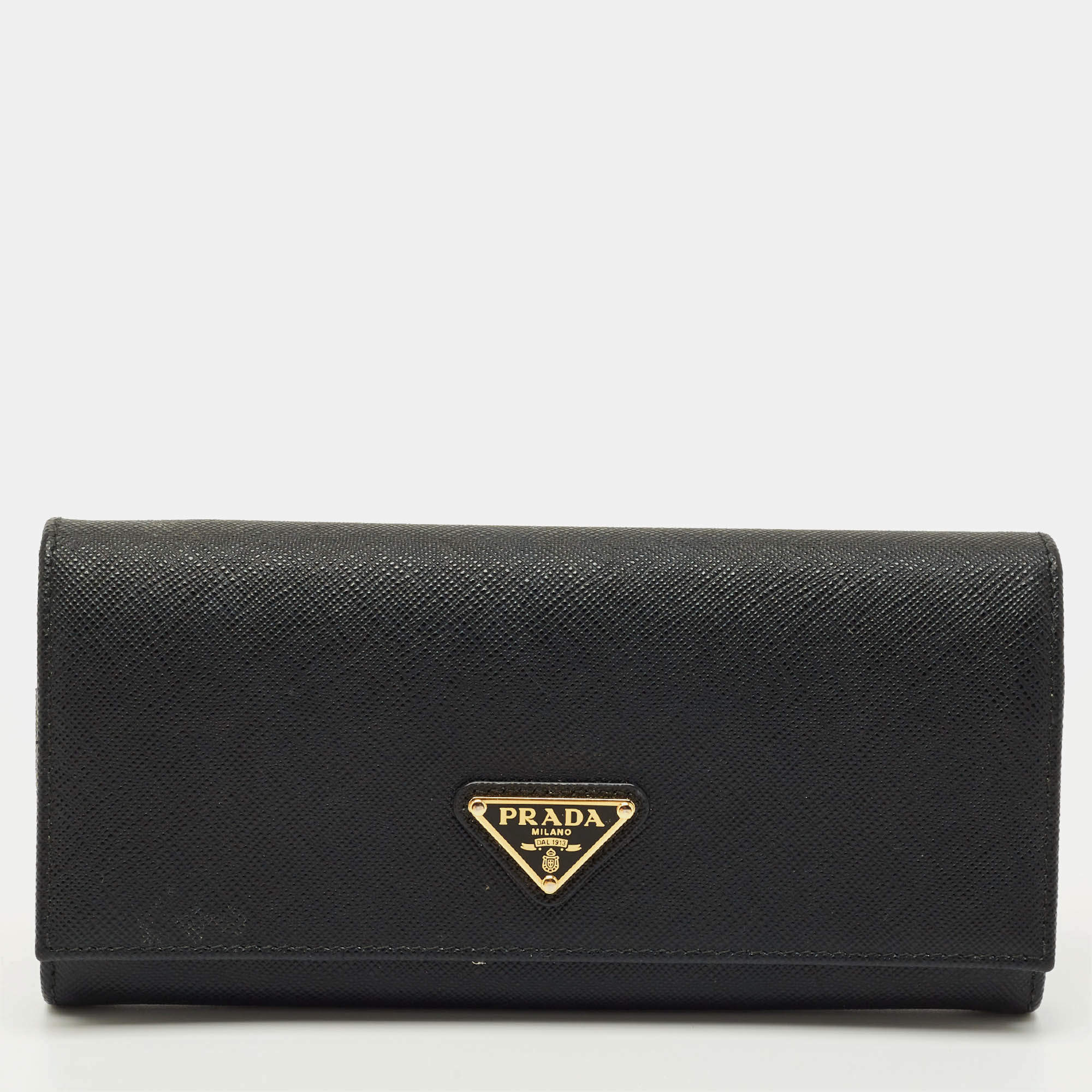 Pre Owned Prada Black Saffiano Metal Leather Triangle Logo Flap Continental Wallet