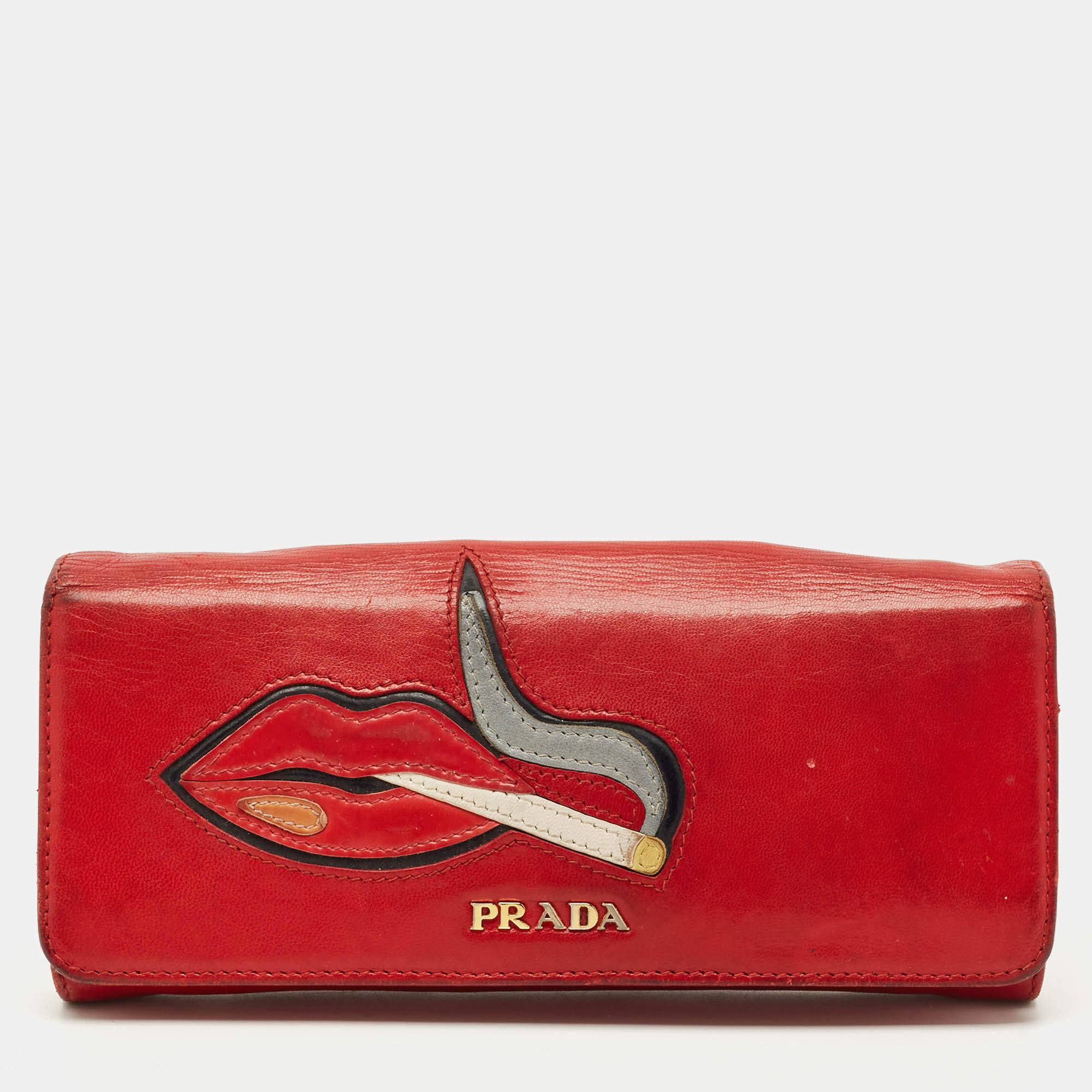Pre Owned Prada Red Leather Cigarettes and Lips Continental Wallet