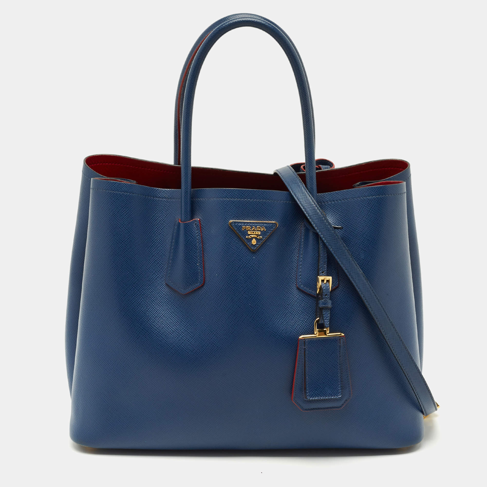 Pre Owned Prada Blue Saffiano Cuir Leather Large Double Handle Tote