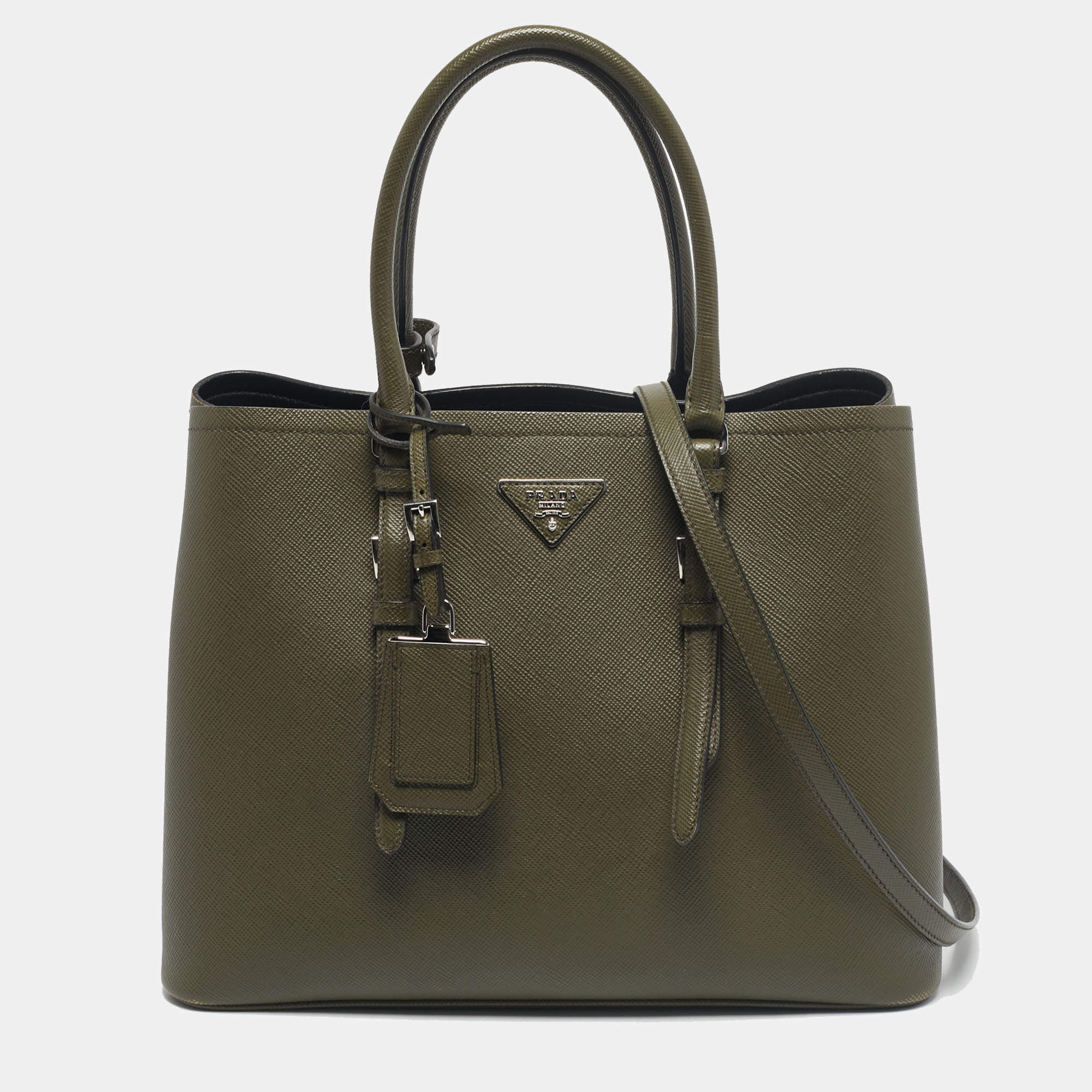 Pre Owned Prada Military Green Saffiano Cuir Leather Large Double Handle Tote