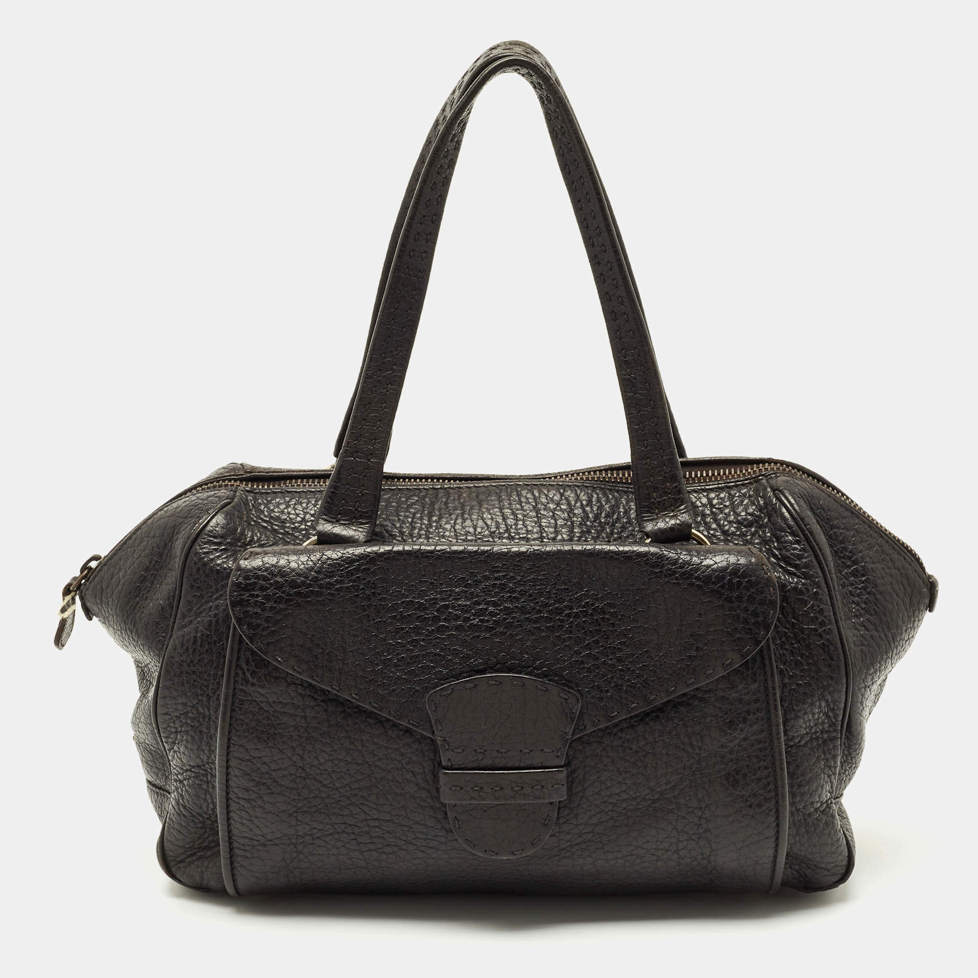 Pre Owned Prada Cacao Brown Pebbles Leather Pocket Zip Satchel