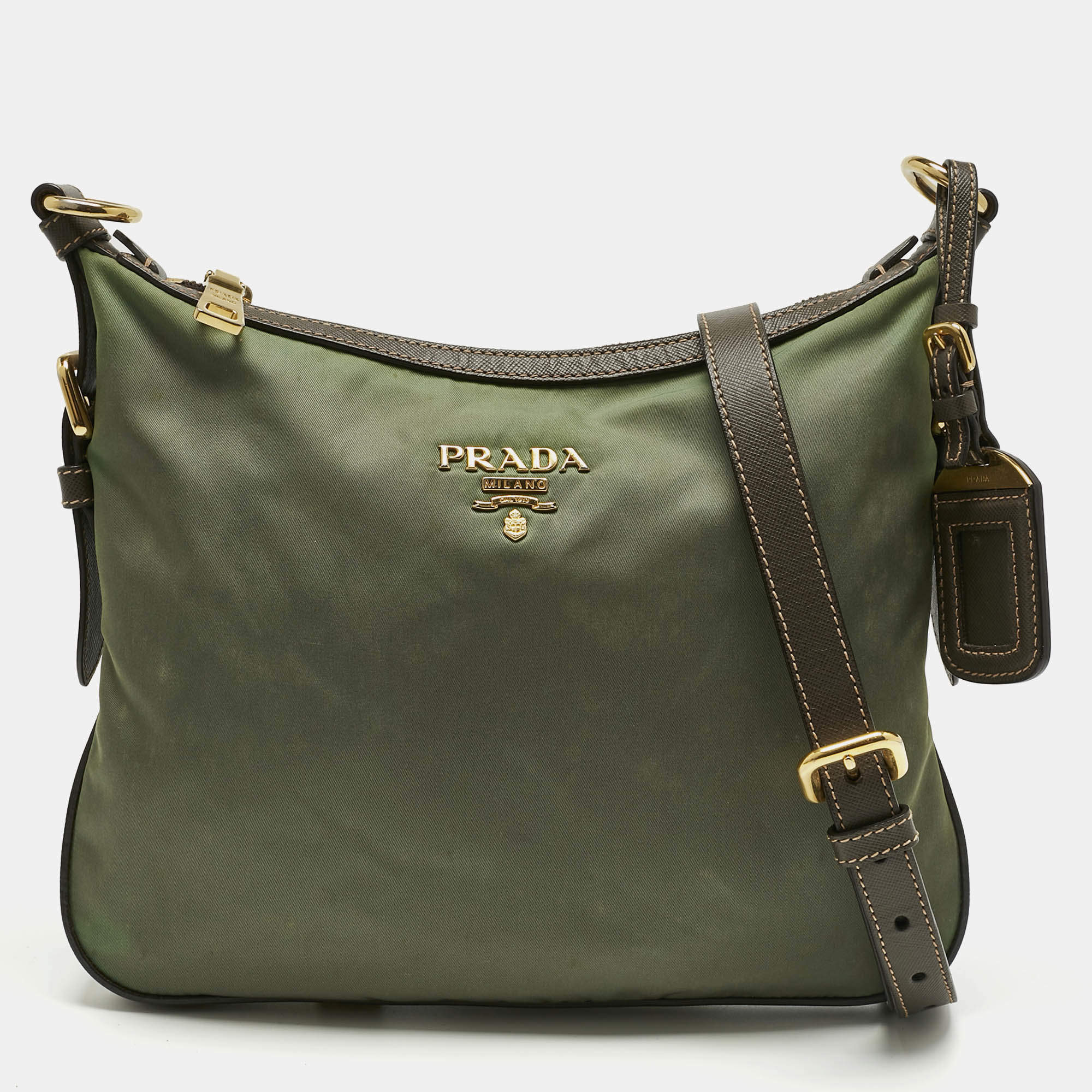 Pre Owned Prada Green/Brown Nylon Flat Messenger Bag