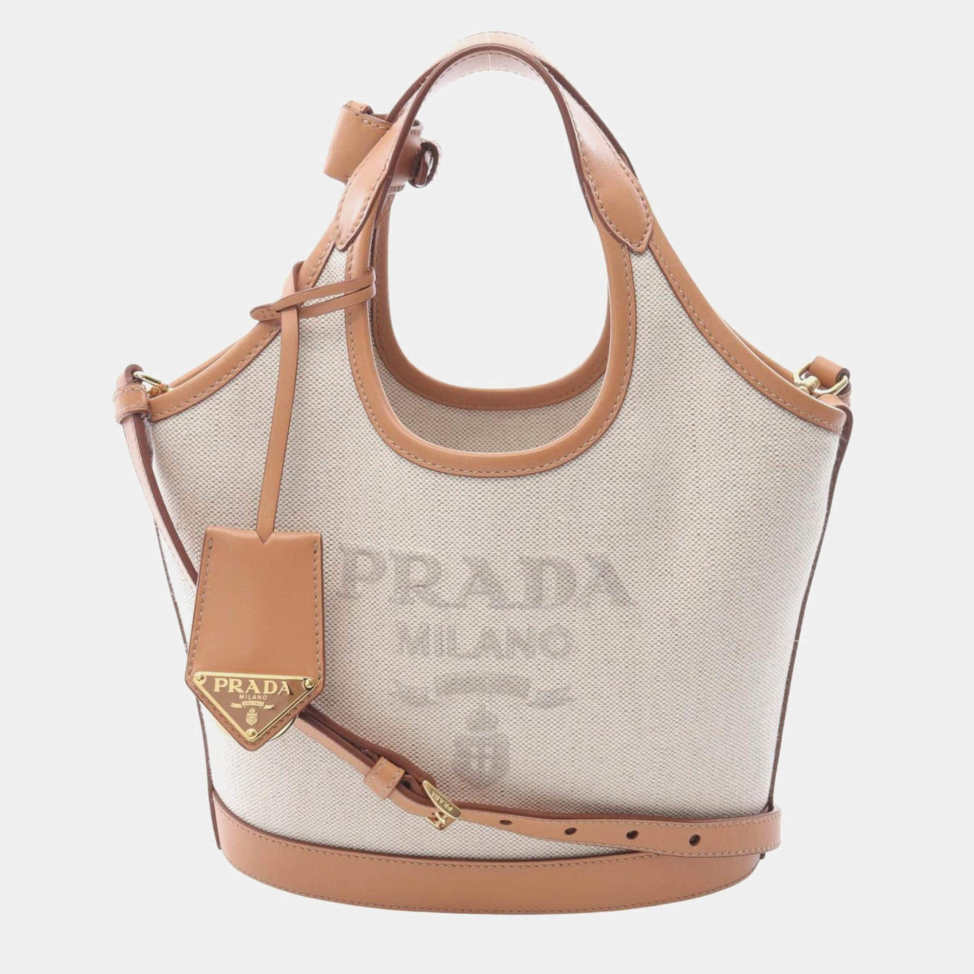 Pre Owned Prada Handbag Canvas Leather White Beige
