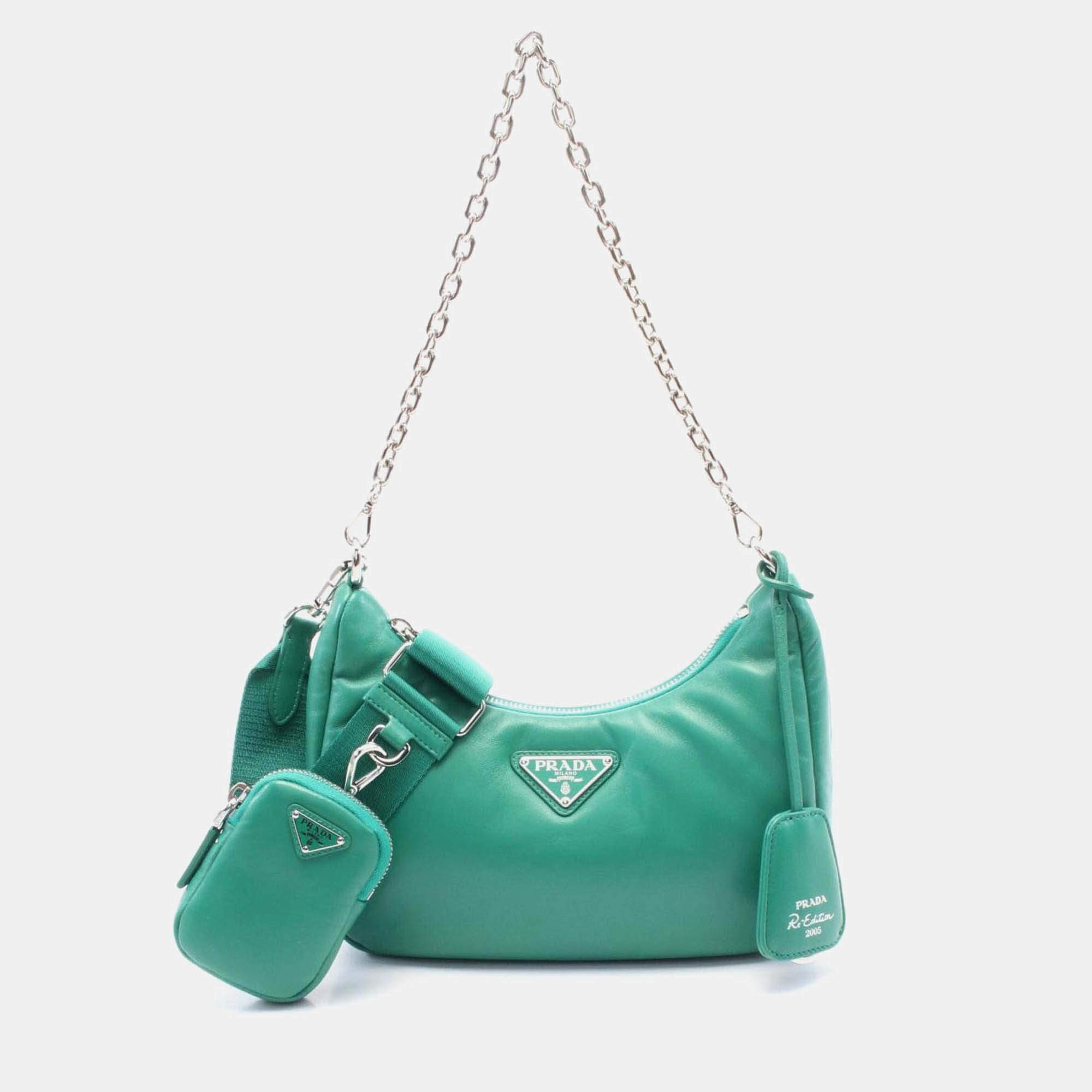 Pre Owned Prada Re-Edition 2006 Embroidered Drill Drill Riamo Fi Leather Shoulder Bag For Women Green
