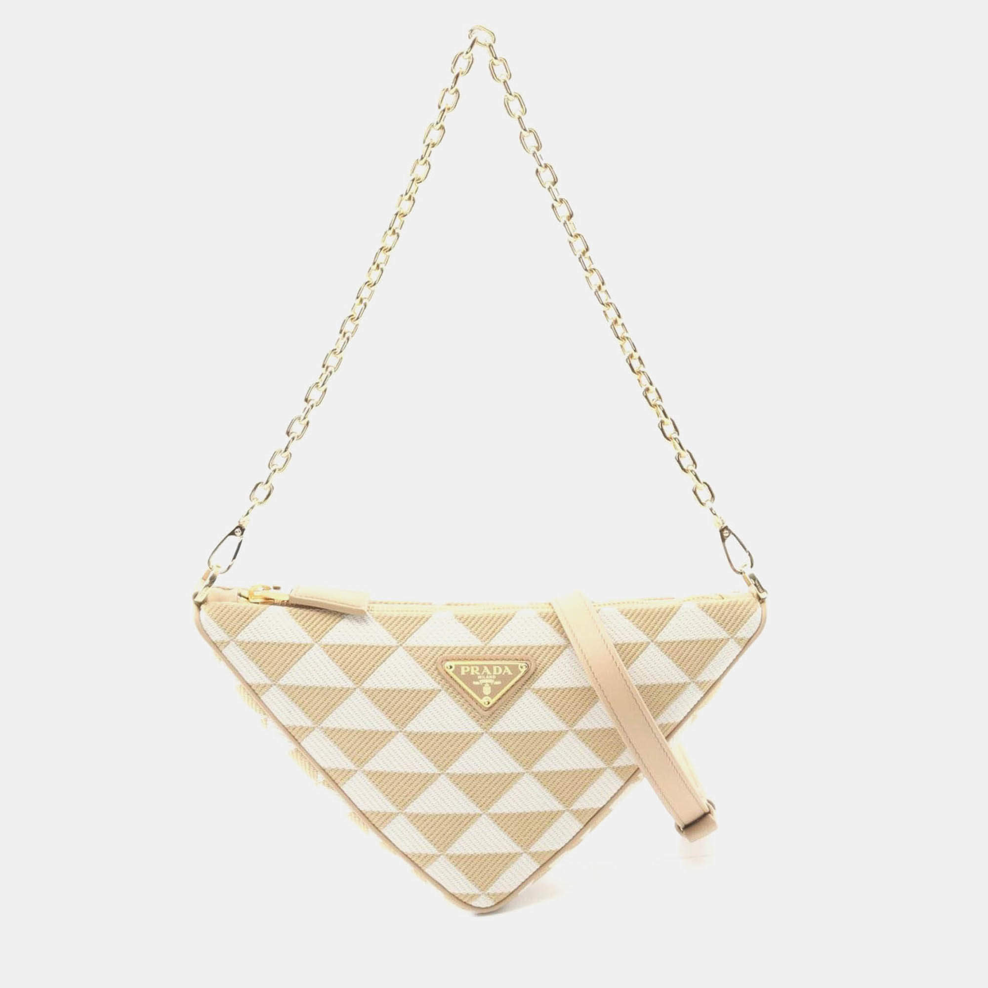 Pre Owned Prada Triangle Triangolo Jacqu Shoulder Bag Canvas Beige White