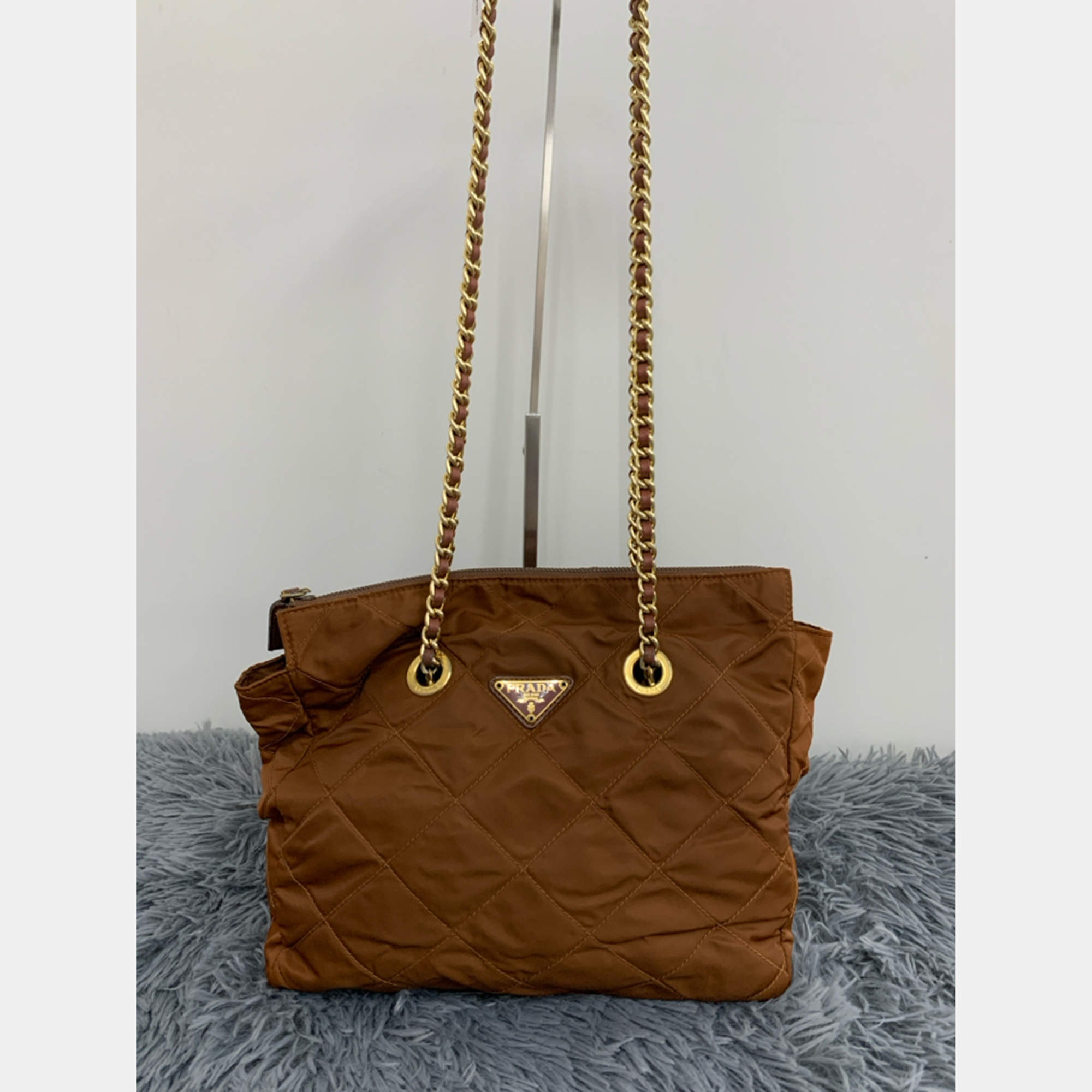 Pre Owned Prada Nylon Brown Chain Shoulder Bag