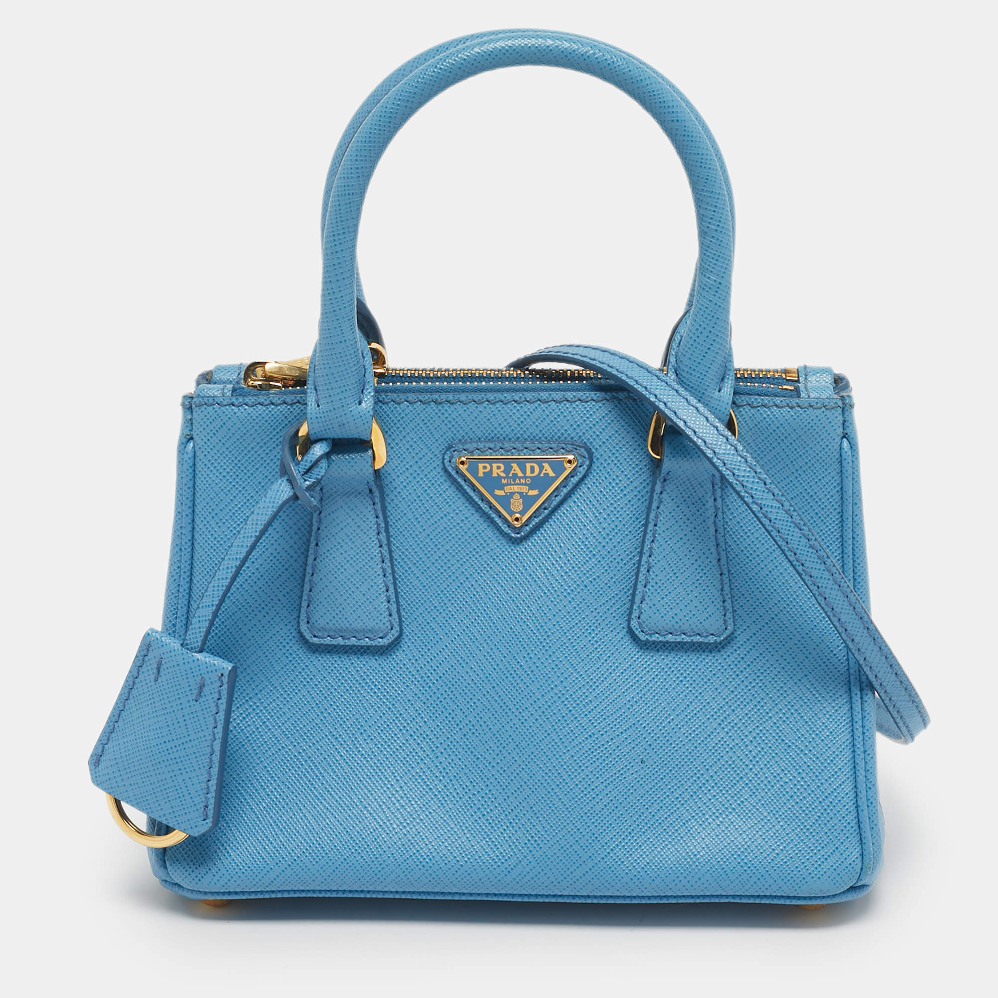 Pre Owned Prada Blue Saffiano Lux Leather Micro Double Zip Tote