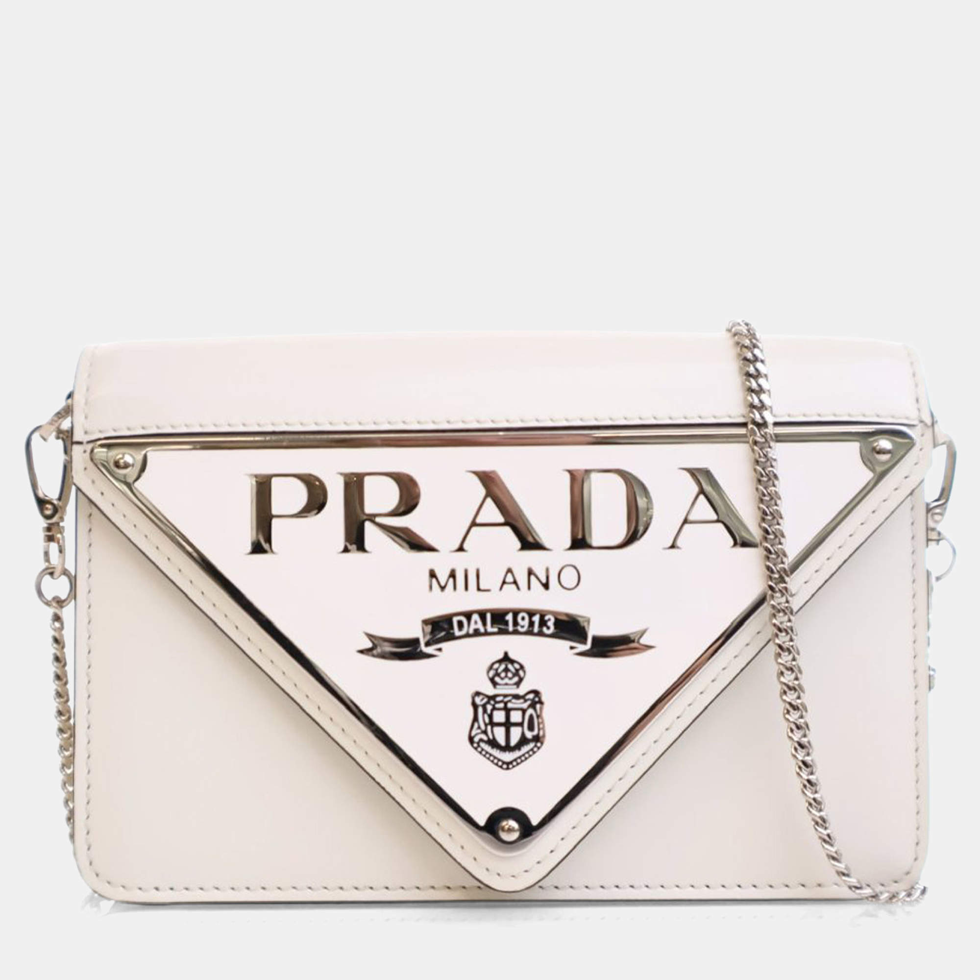 Pre Owned Prada White Spazzolato Triangle Logo Plate Flap Chain Crossbody