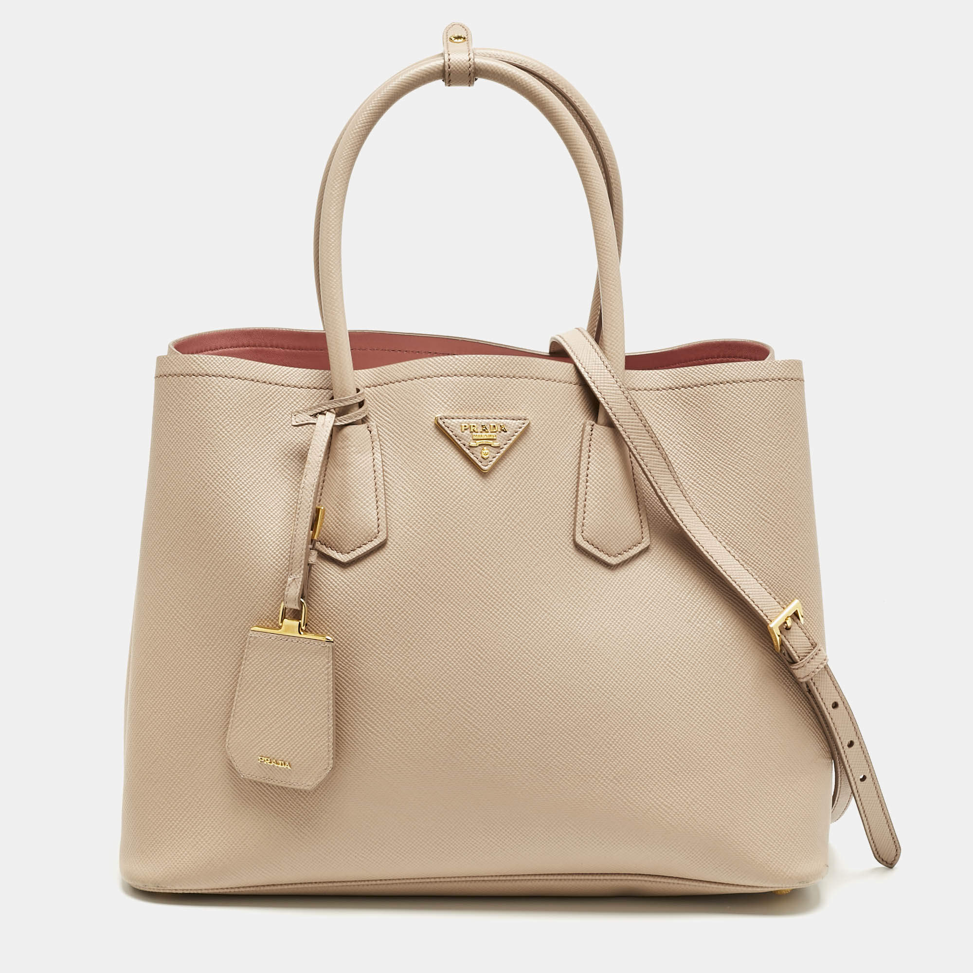 Pre Owned Prada Poudre Beige Saffiano Cuir Leather Large Double Handle Tote